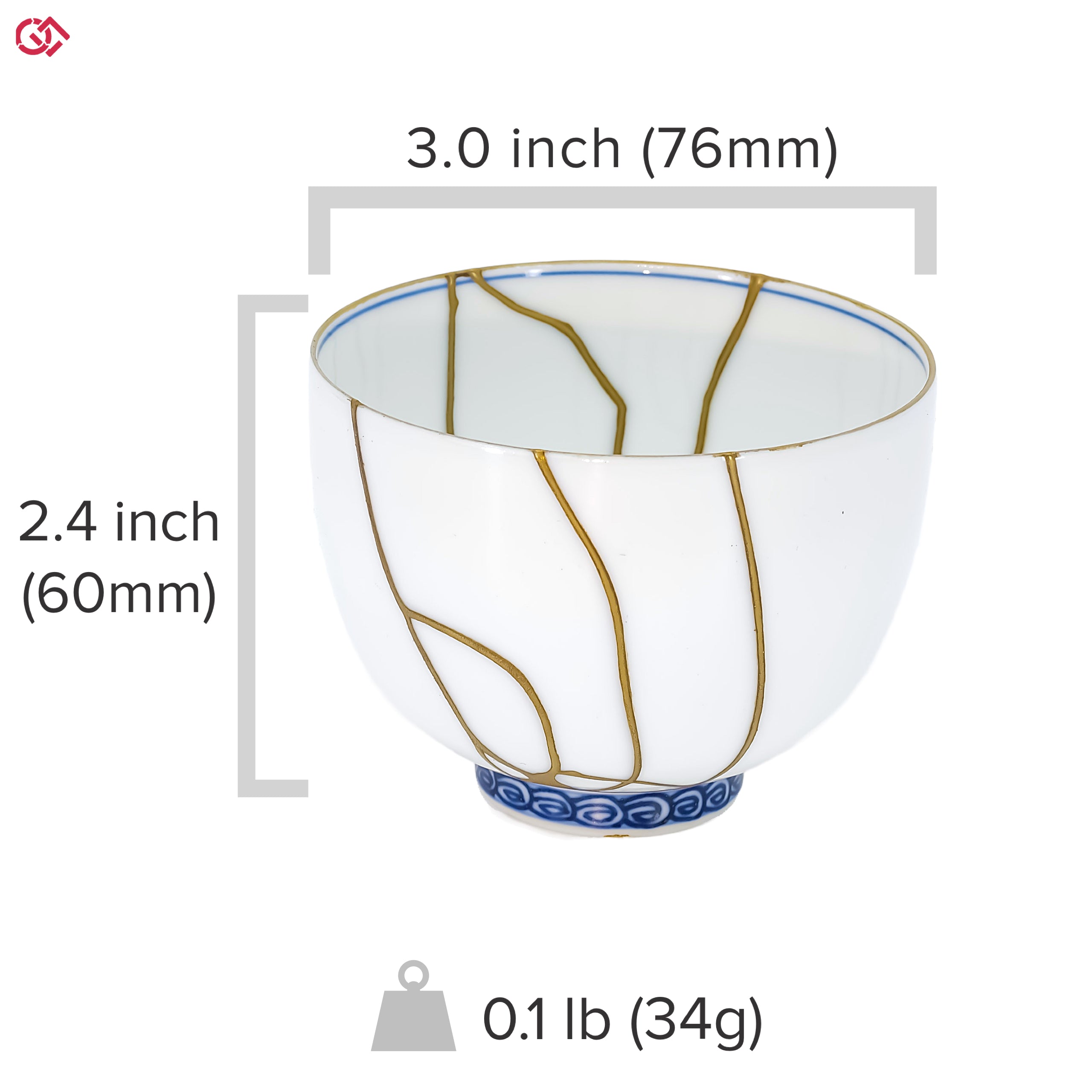 Photo of an authentic Kintsugi pottery with a text overlay indicating the size of the piece