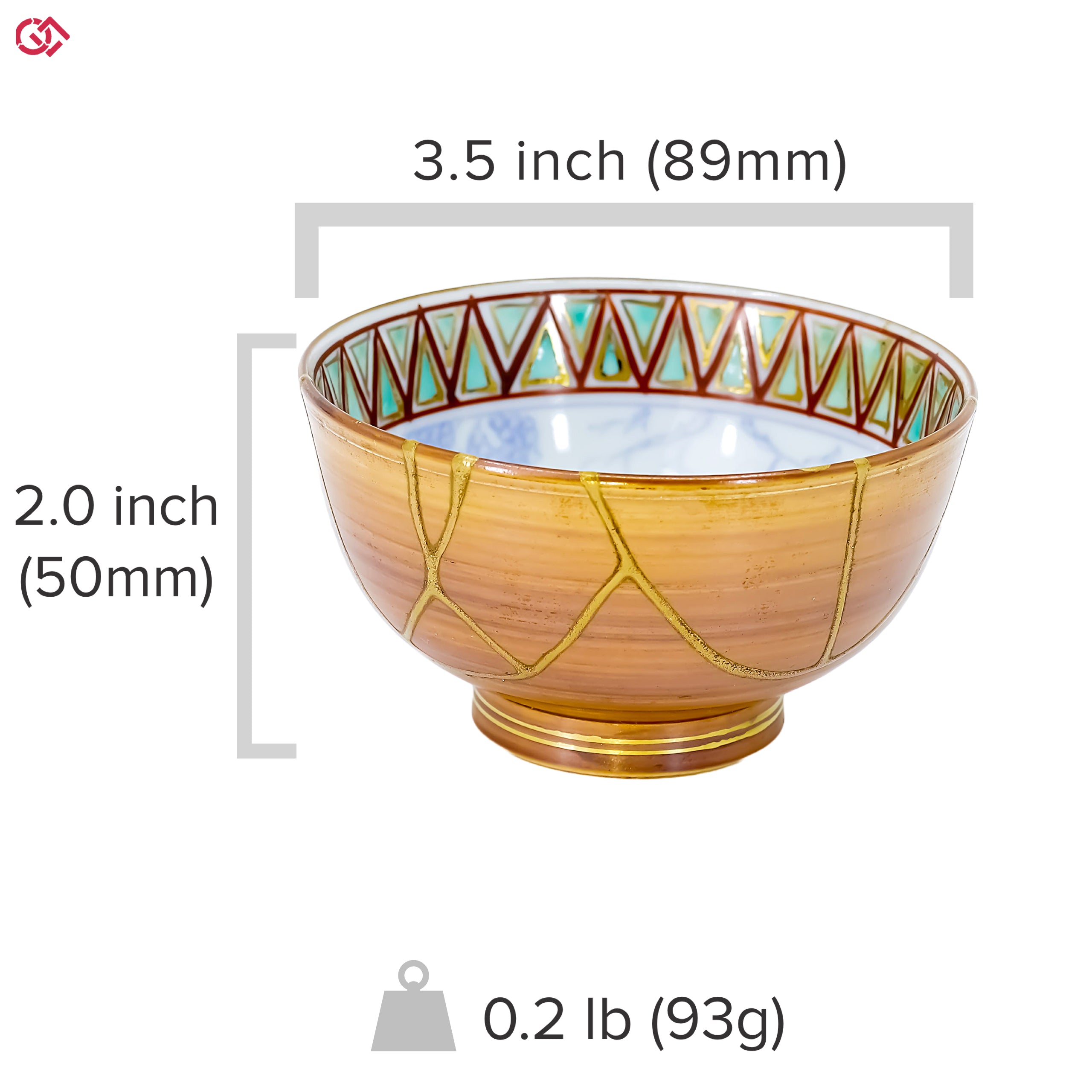 Photo of an authentic Kintsugi pottery with a text overlay indicating the size of the piece