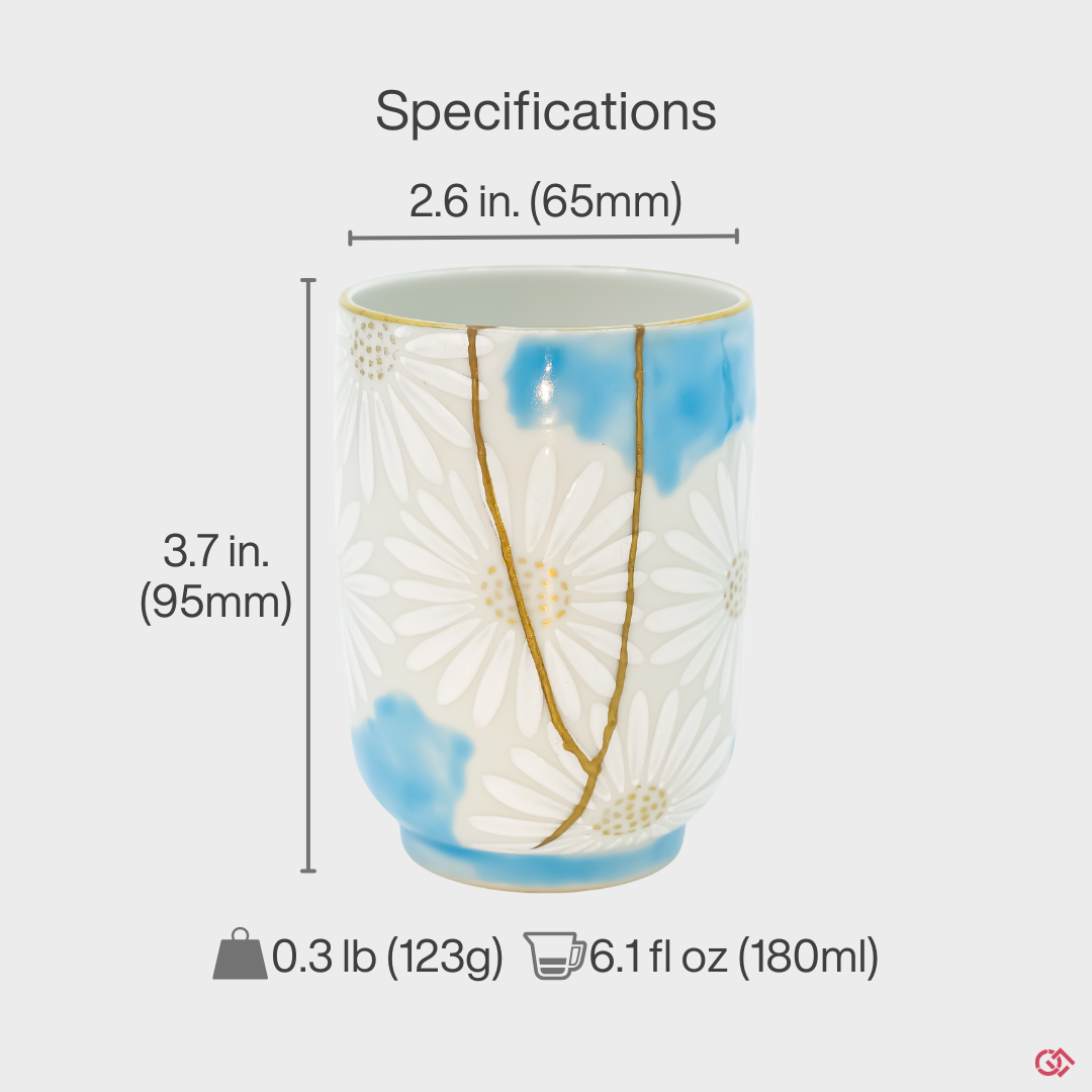 Photo of an authentic Kintsugi pottery with a text overlay indicating the size of the piece.