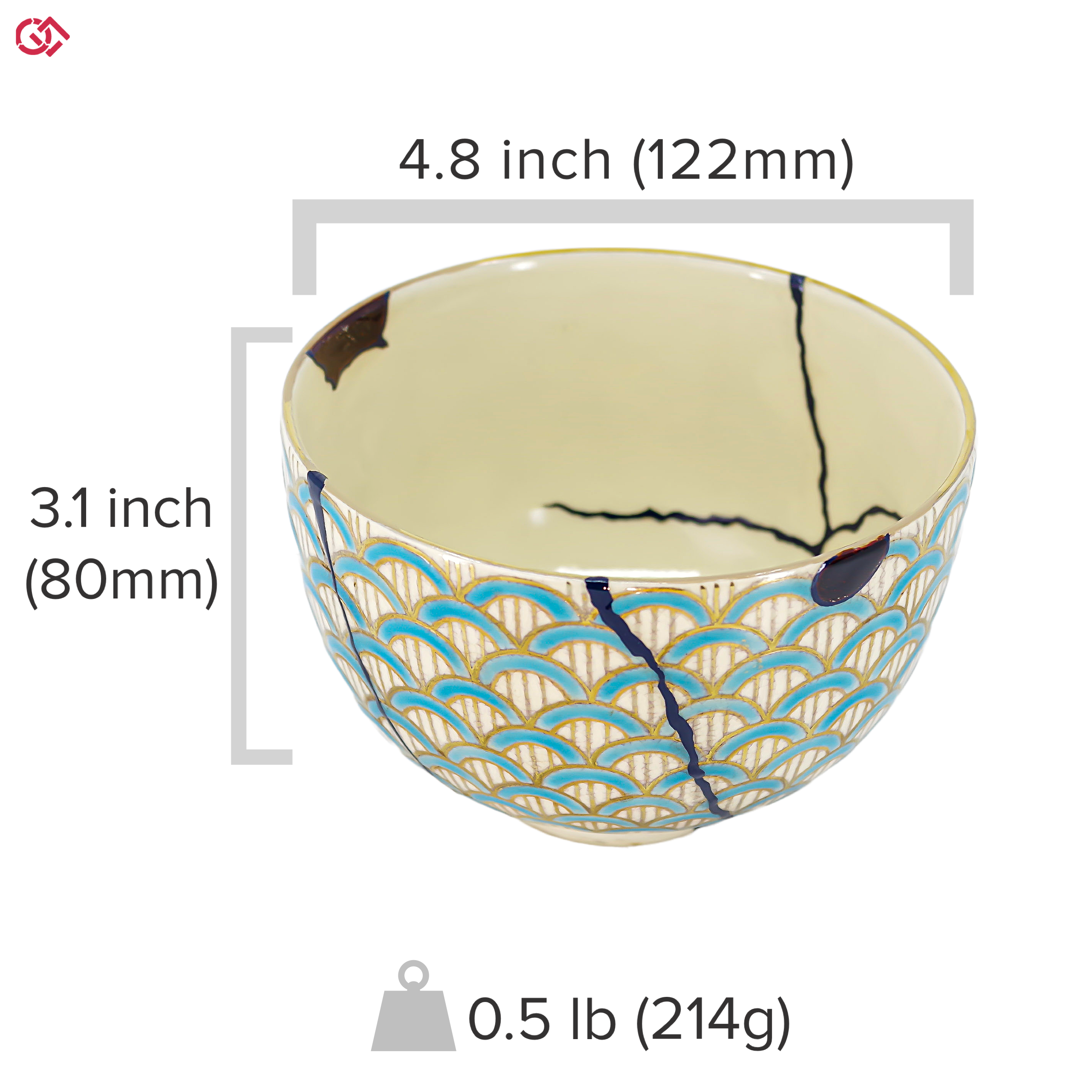 A photo of an authentic Kintsugi pottery piece with a text overlay indicating the size of the piece.
