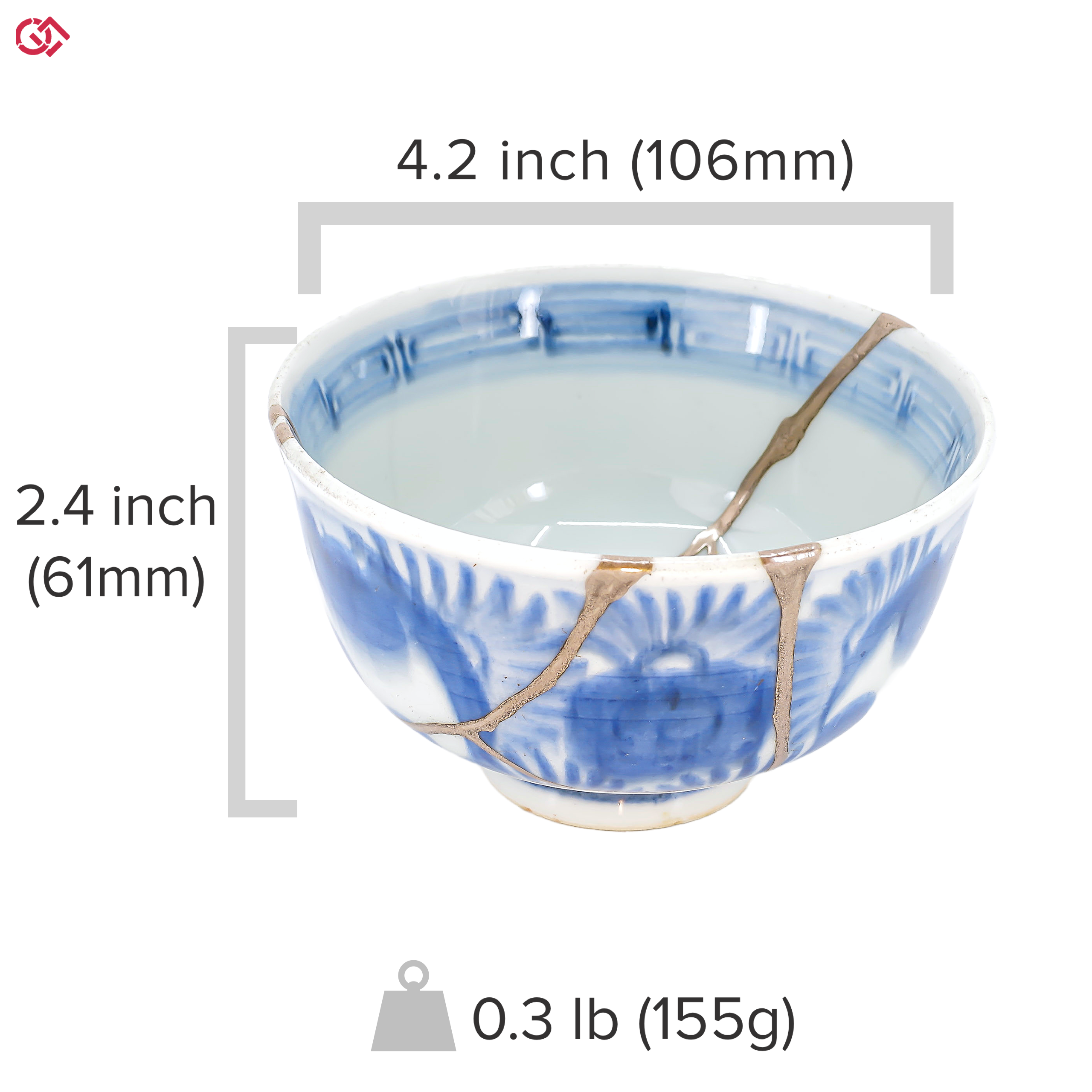 A photo of an authentic Kintsugi pottery piece with a text overlay indicating the size of the piece.