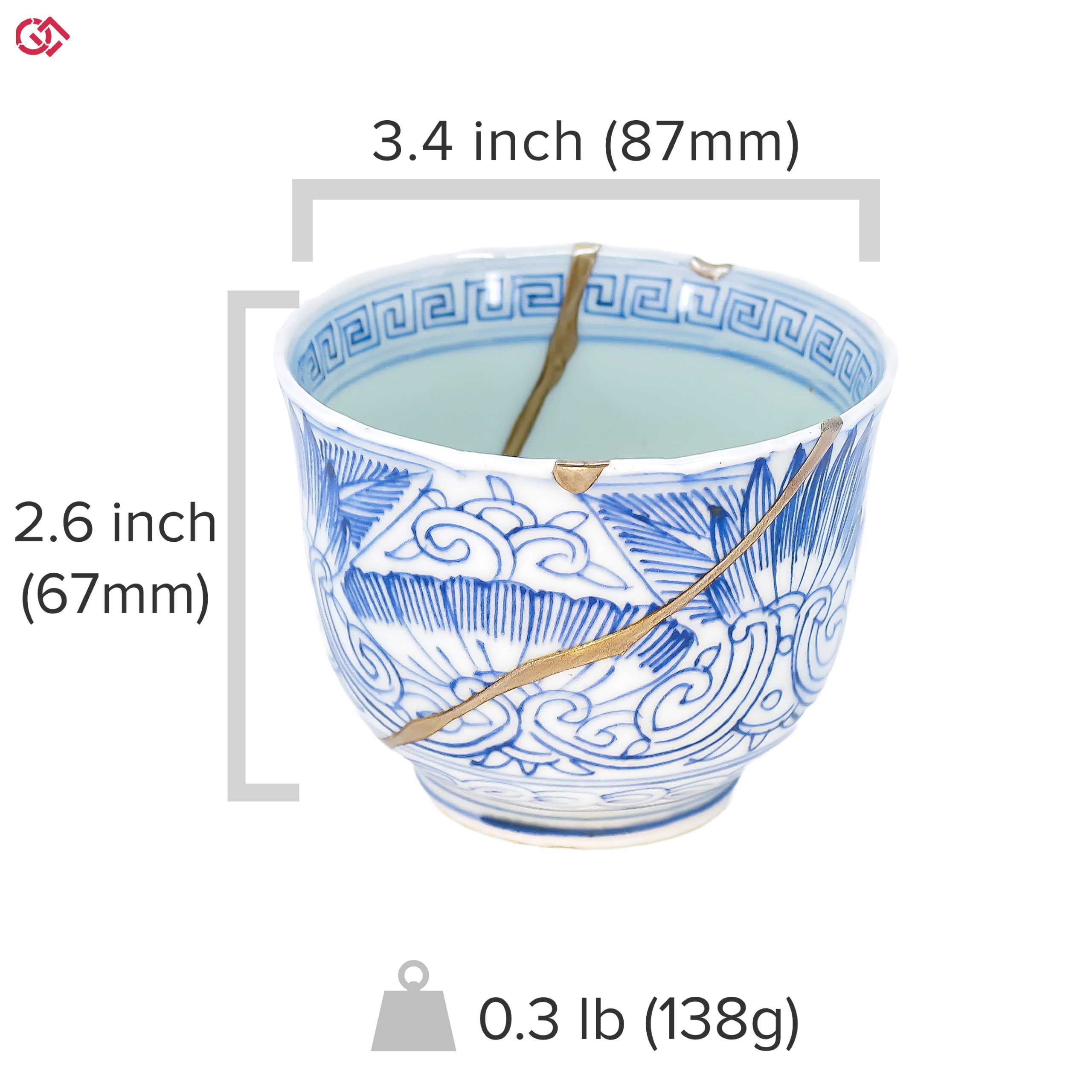 A photo of an authentic Kintsugi pottery piece with a text overlay indicating the size of the piece.