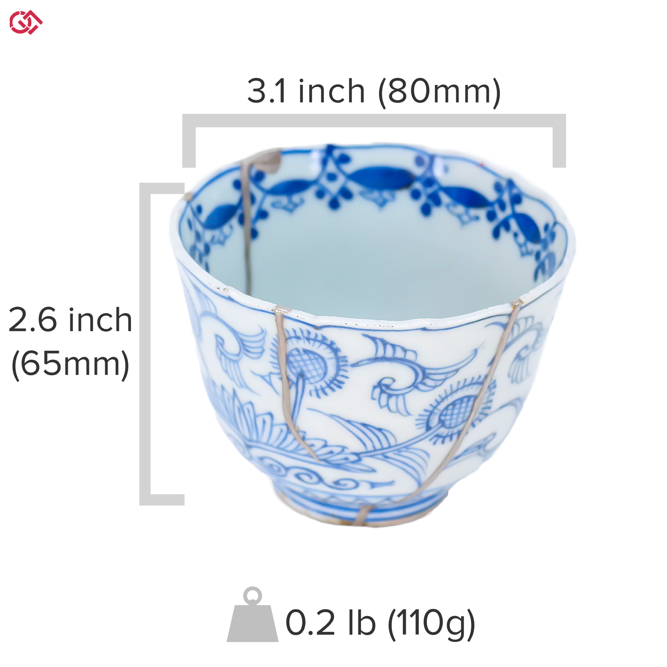 A photo of an authentic Kintsugi pottery piece with a text overlay indicating the size of the piece.