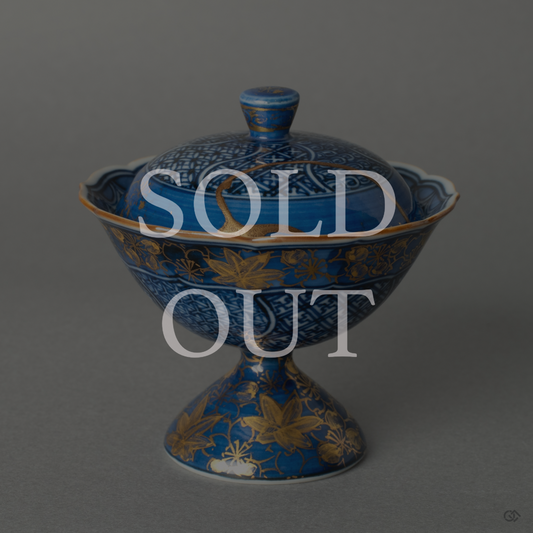 One-of-a-kind restored lidded sake cup using traditional Kintsugi technique, currently sold out.