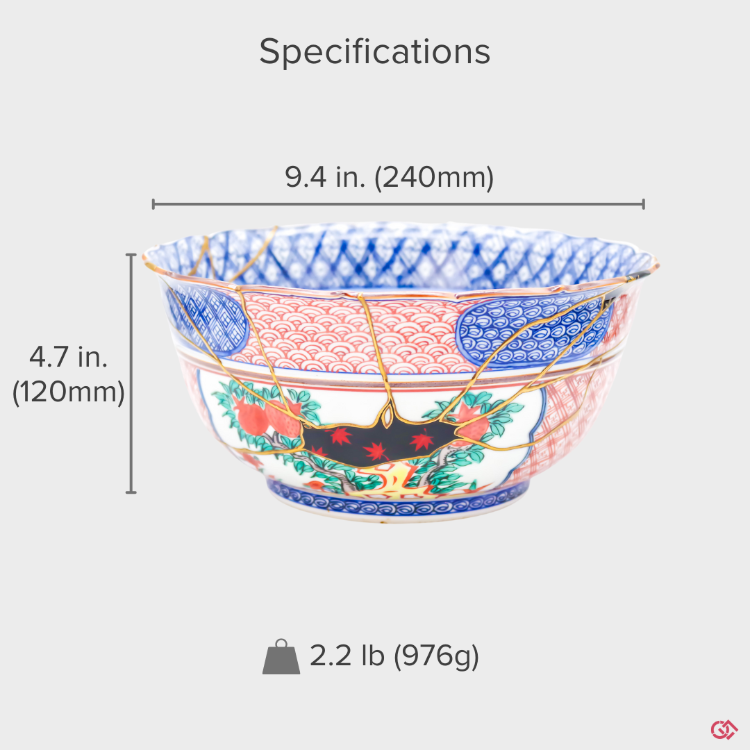 A precise technical diagram of the Shonzui Kintsugi masterpiece bowl, with clear annotations for its exact diameter, height, and weight. This guide provides the necessary specifications for this significant acquisition.