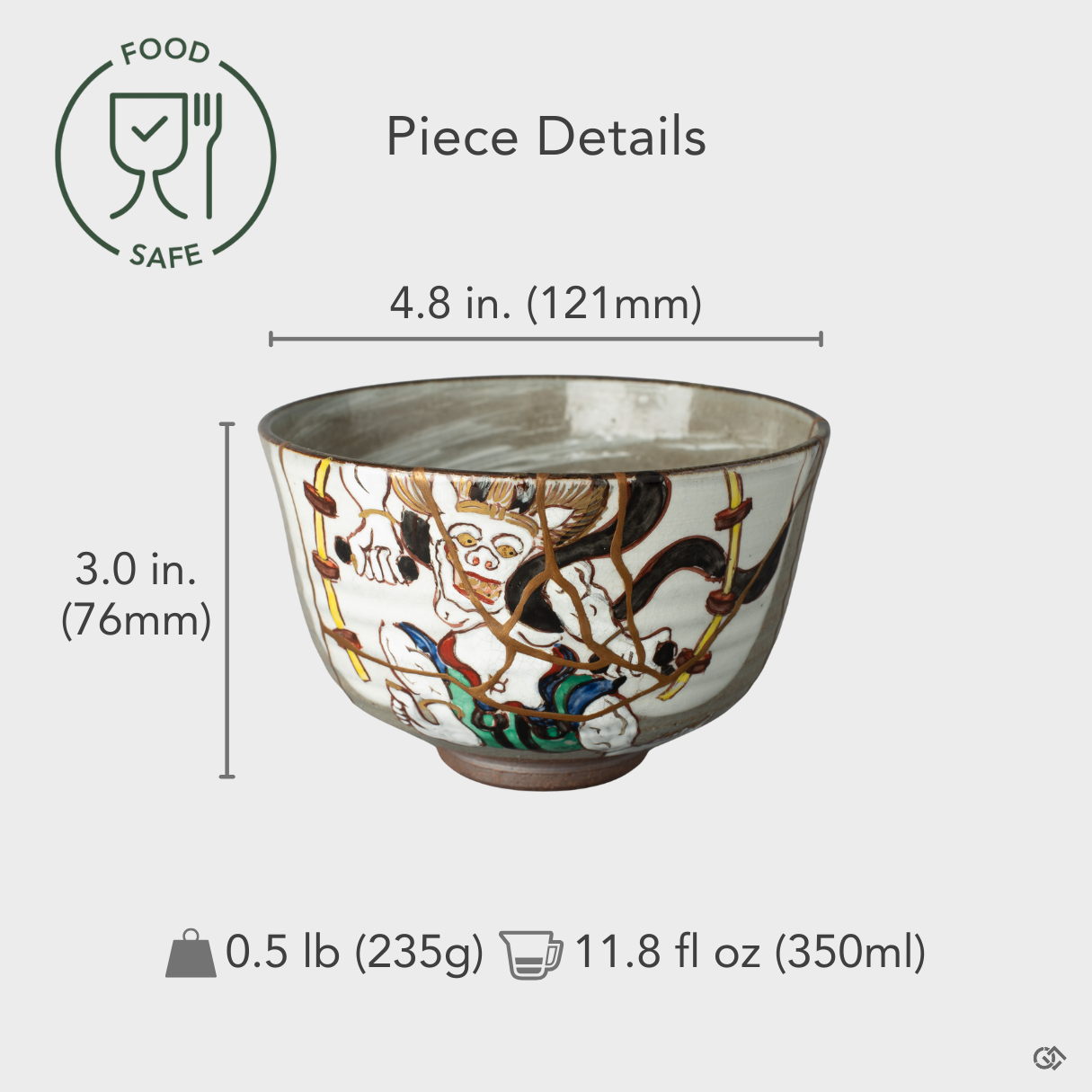 Size overlay image of the Kyoto matcha bowl. This collectible kintsugi object is a second life built for generations of use.