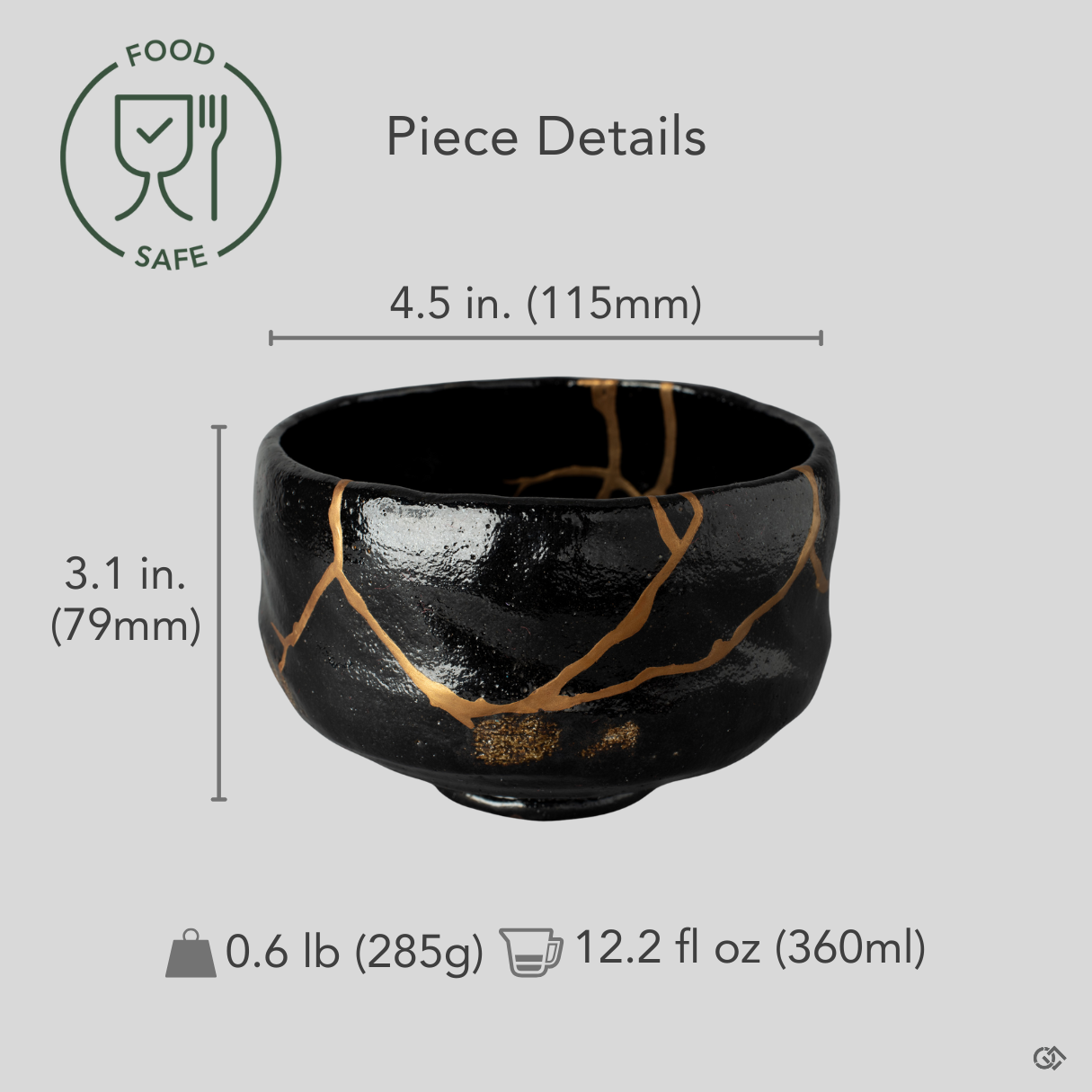 Size reference for a Kyoto kintsugi matcha bowl, a one-of-a-kind piece restored with urushi and 24K gold.