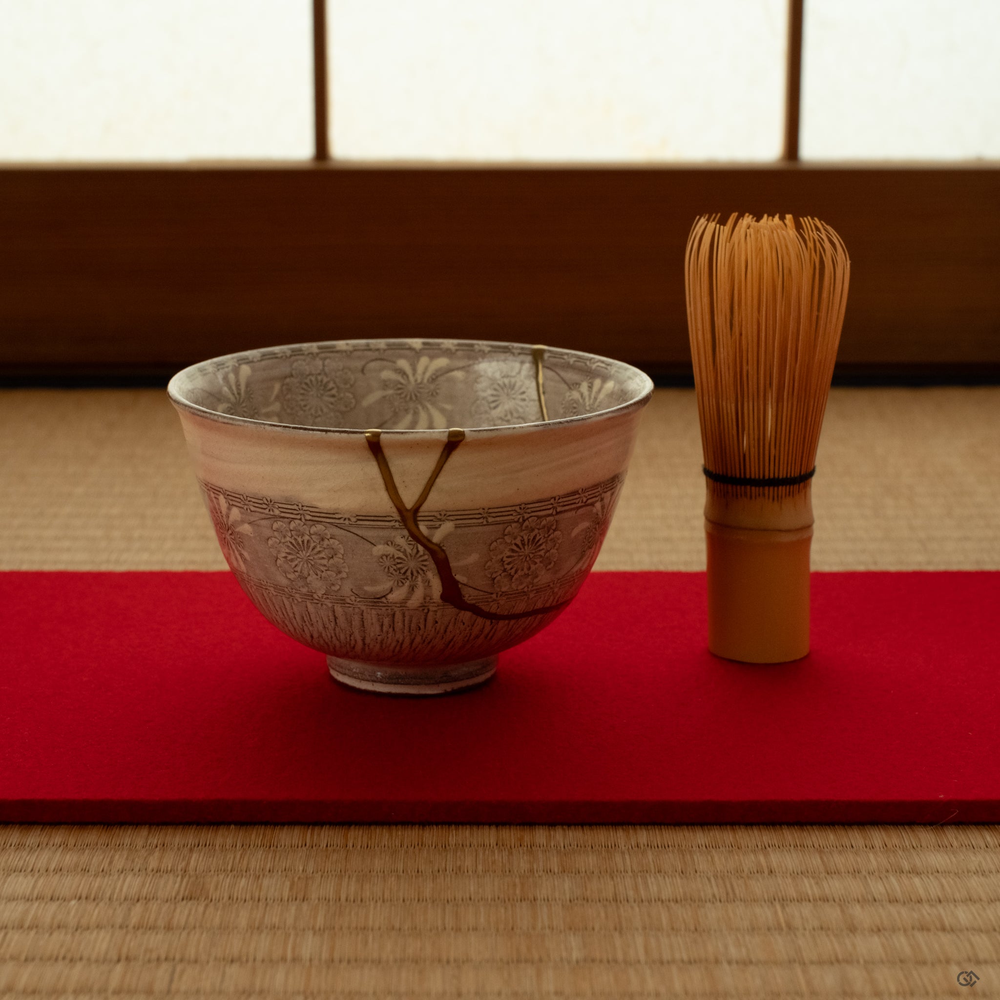 Morning light falls across a purple Kyoto kintsugi matcha bowl on tatami, gold seams glowing with restorative beauty.