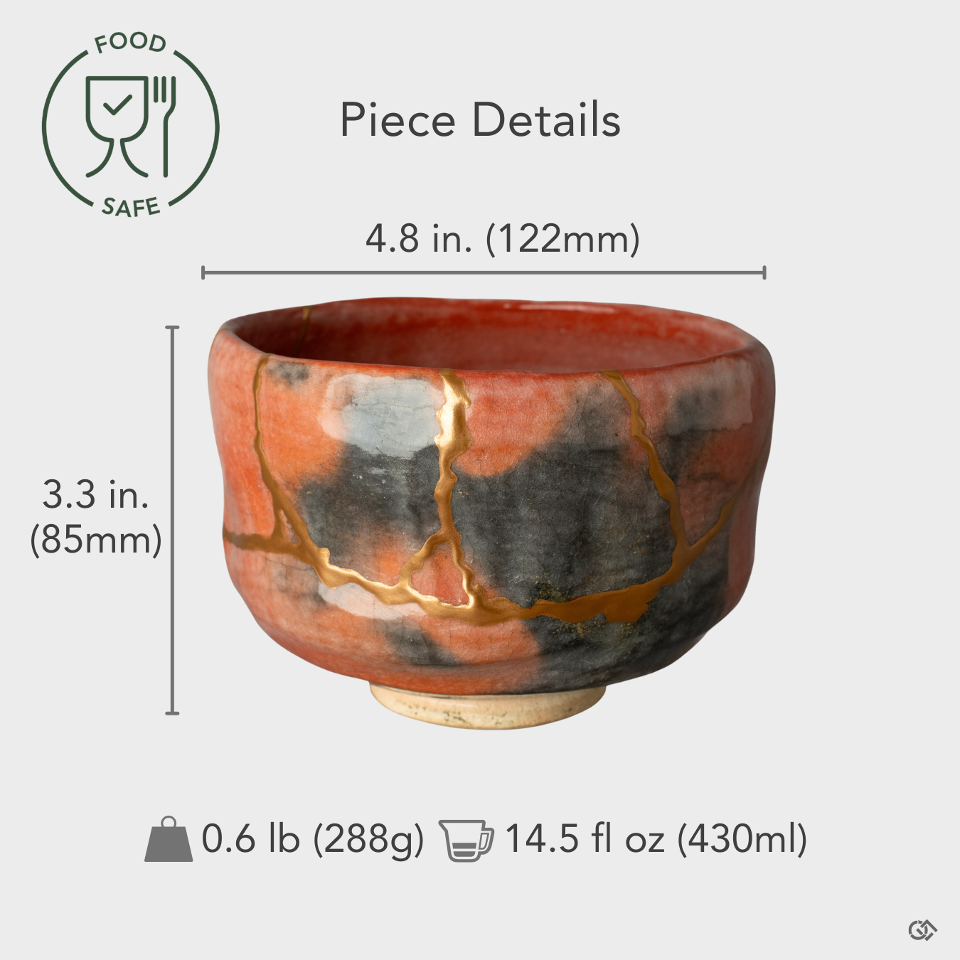 Size overlay for the kintsugi matcha bowl, detailing this one-of-a-kind functional art, an investment in beauty for the collector.