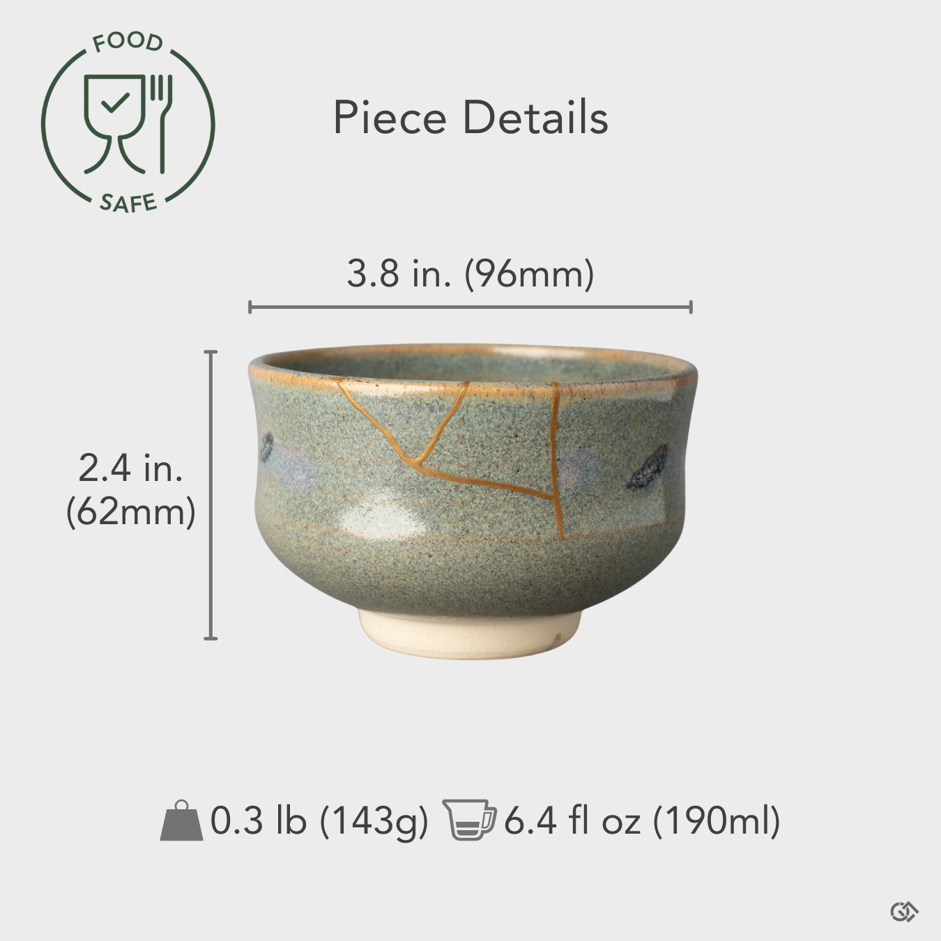 Size reference of Kyoto kintsugi matcha bowl with 24k gold restoration, a food-safe heirloom built for generations.