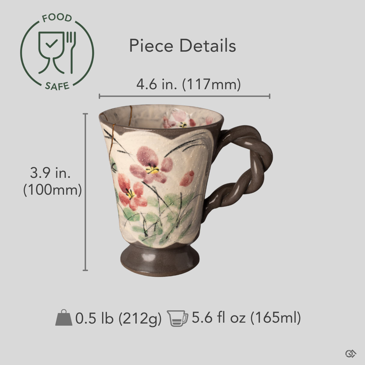 Scale reference shows the kintsugi mug's generous proportions, its tall form designed for daily ritual.