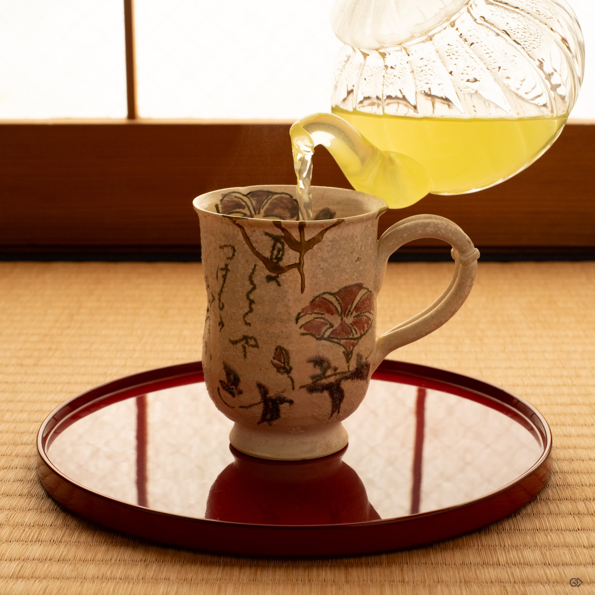 Soft light on tatami as a Kyoto kintsugi mug rests in stillness, gold seams warm against the morning, cultural heritage in use.