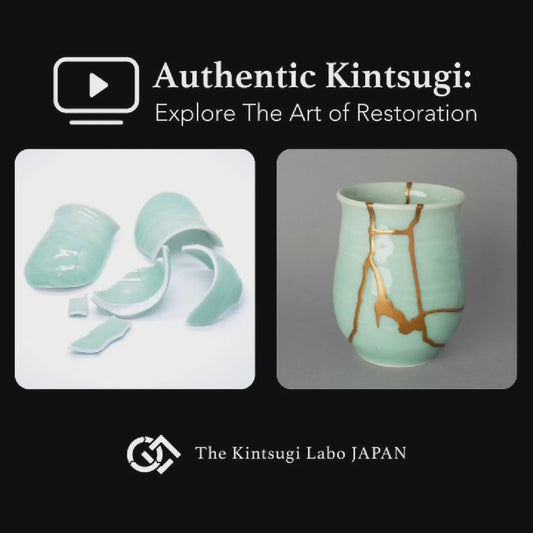 Seen from the front of a handcrafted cup from Nabeshima ware: joined with pure 24k gold kintsugi; celebrating imperfection with grace.