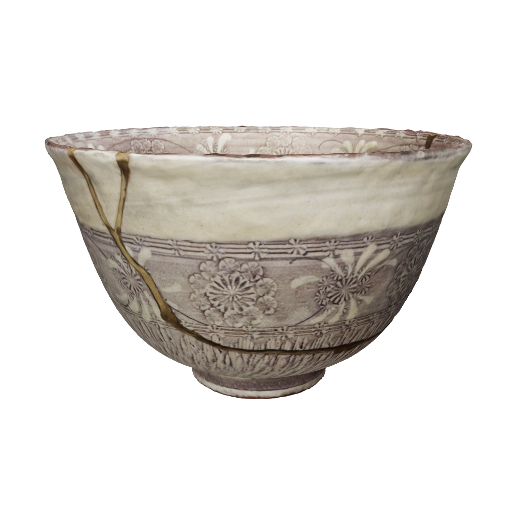 Explore a purple Kyoto kintsugi matcha bowl in 3D, Mishima patterns and gold seams inviting mindful luxury from all sides.