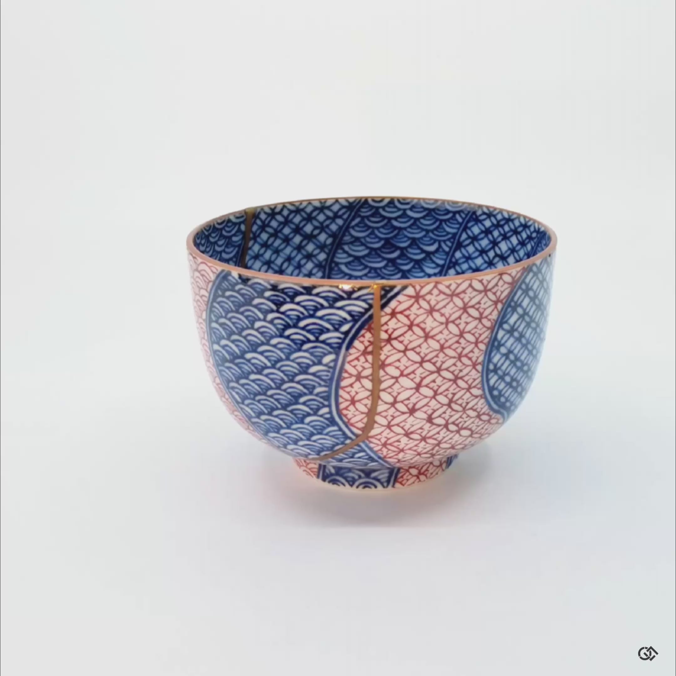 360-degree view of a Kyoto ware tea cup restored with 24k gold Kintsugi, revealing the seamless golden joinery and elegance from every angle.