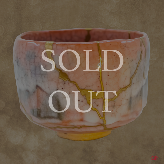 A one-of-a-kind, artisanal red Raku matcha bowl beautifully restored with traditional gold kintsugi. Currently sold out.