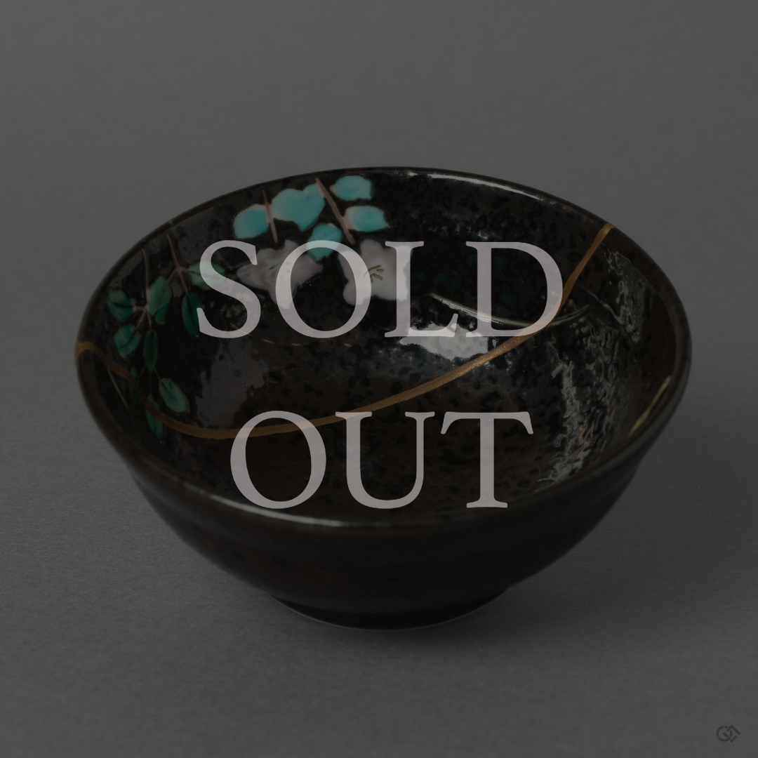 Authentic Japanese Kintsugi sake cup, hand-repaired with urushi and 24K gold, marked Sold Out.