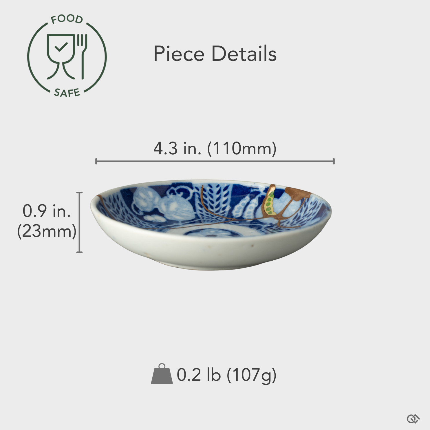 Size overlay of a Ko-Imari 24k gold kintsugi dish, where graceful proportions meet visible resilience in every restored edge.