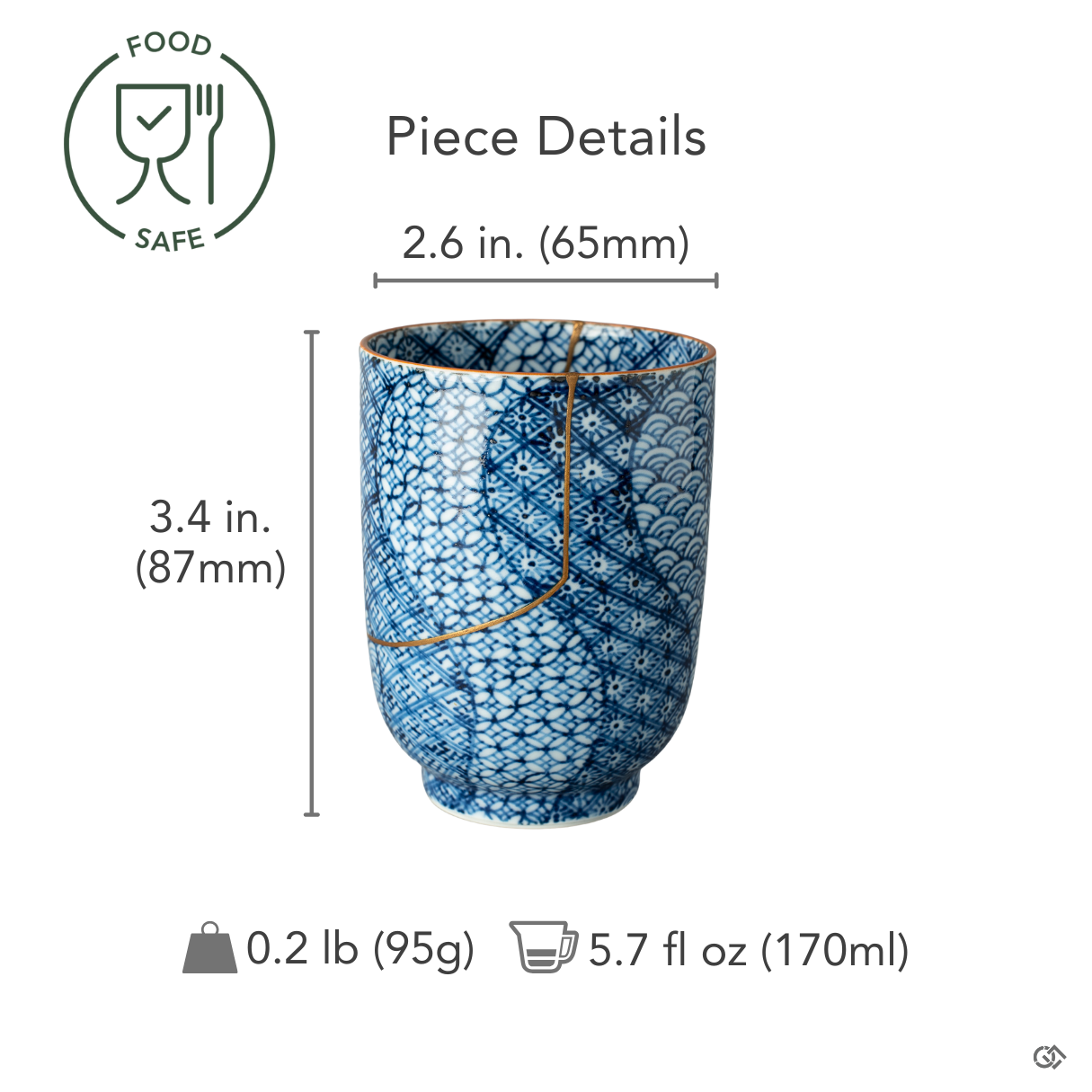 Size reference for a Kyoto kintsugi tea cup, a one-of-a-kind piece restored with urushi and 24k gold.