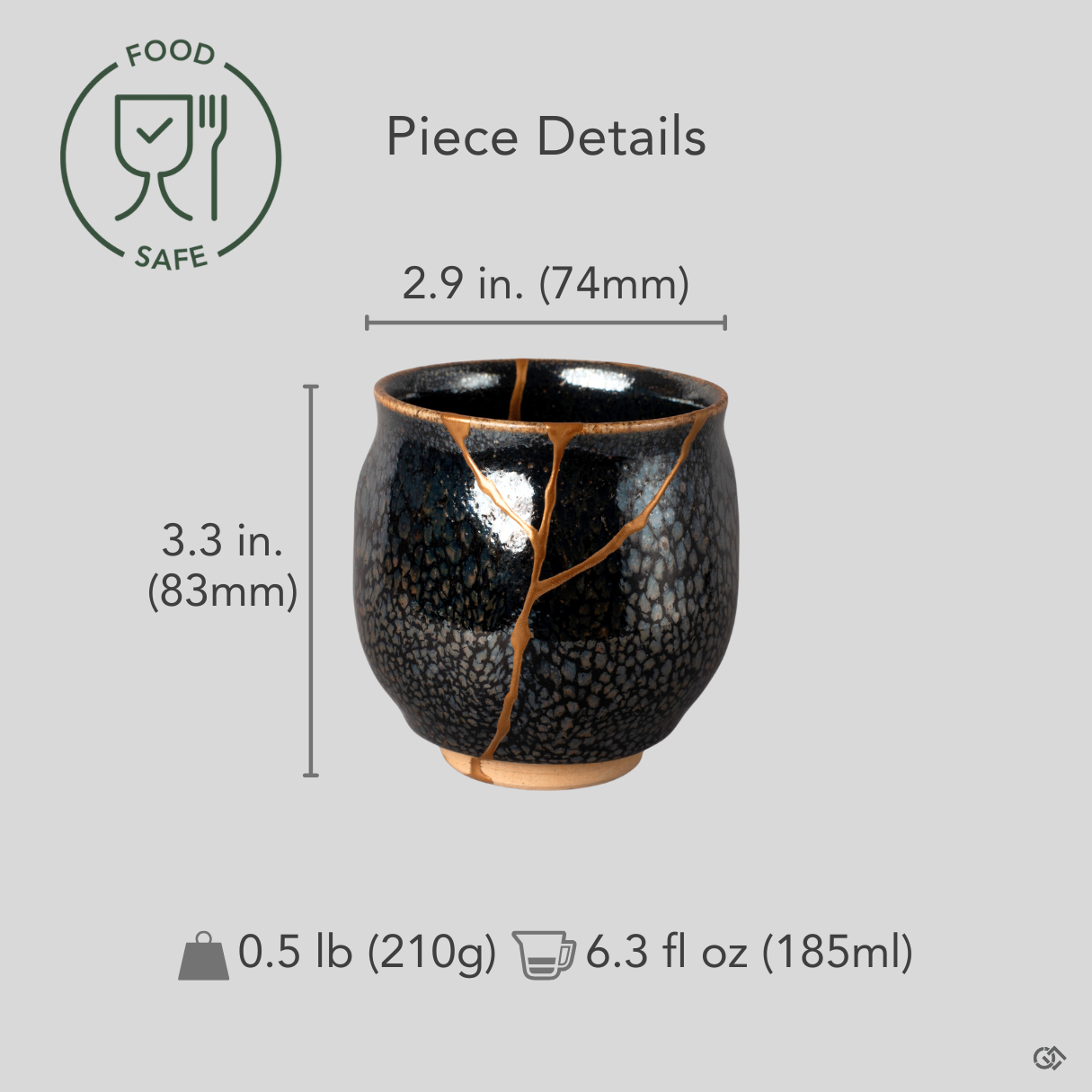 This Kyoto tenmoku kintsugi cup shown for scale, silver star-like glaze and gold seams revealing its enduring legacy in true proportion.
