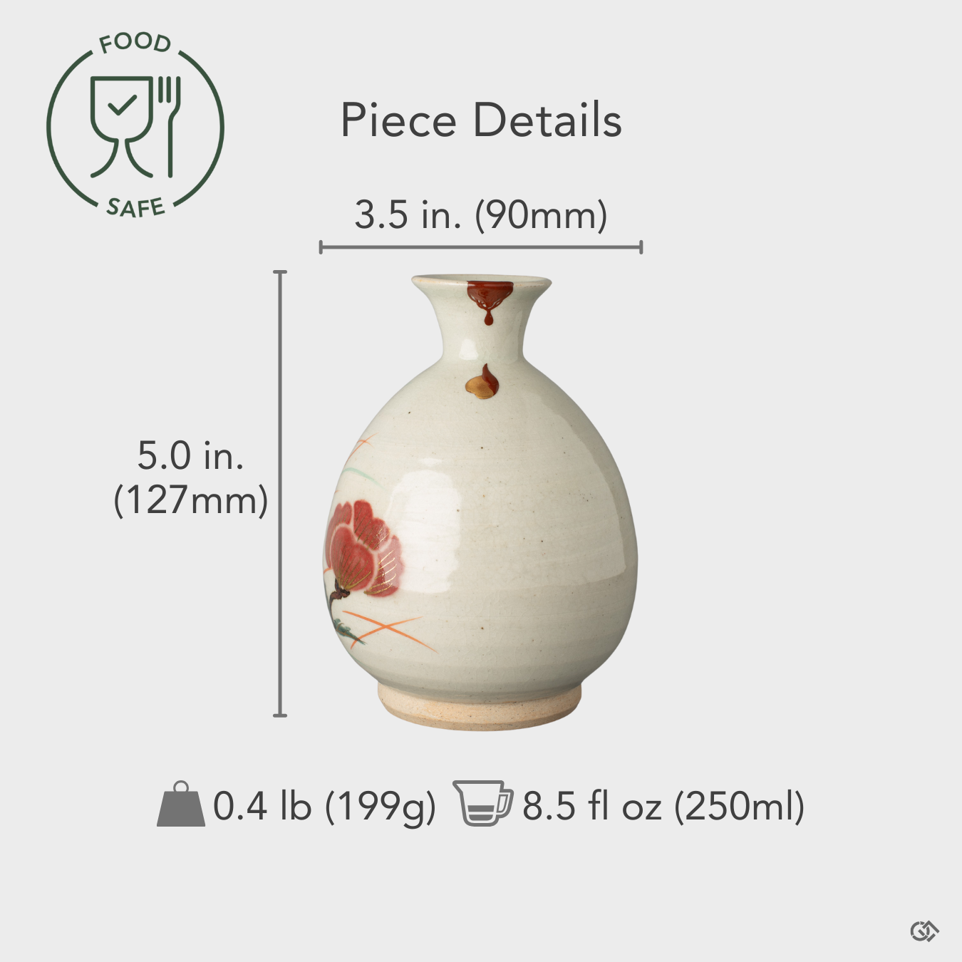 Size reference of Kyoto tokkuri with iro-urushitsugi kintsugi and 24k gold maki-e, a mindful luxury object.