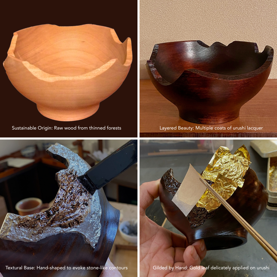Step-by-step collage showing the transformation of sustainable wood into gold-gilded urushi ware, highlighting traditional Japanese craftsmanship.