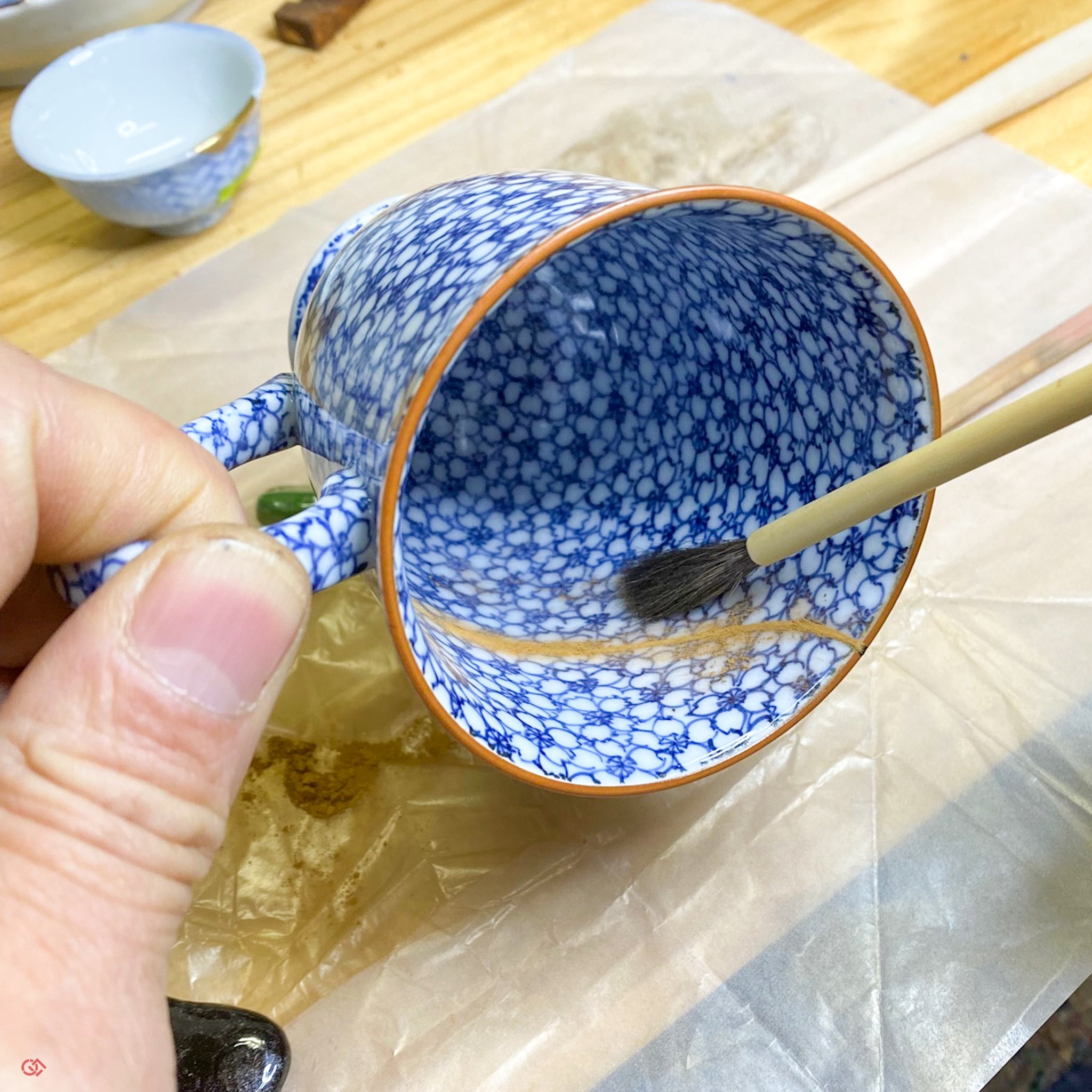 Authentic Kintsugi Coffee Cup, Sometsuke Cherry Flower Gold