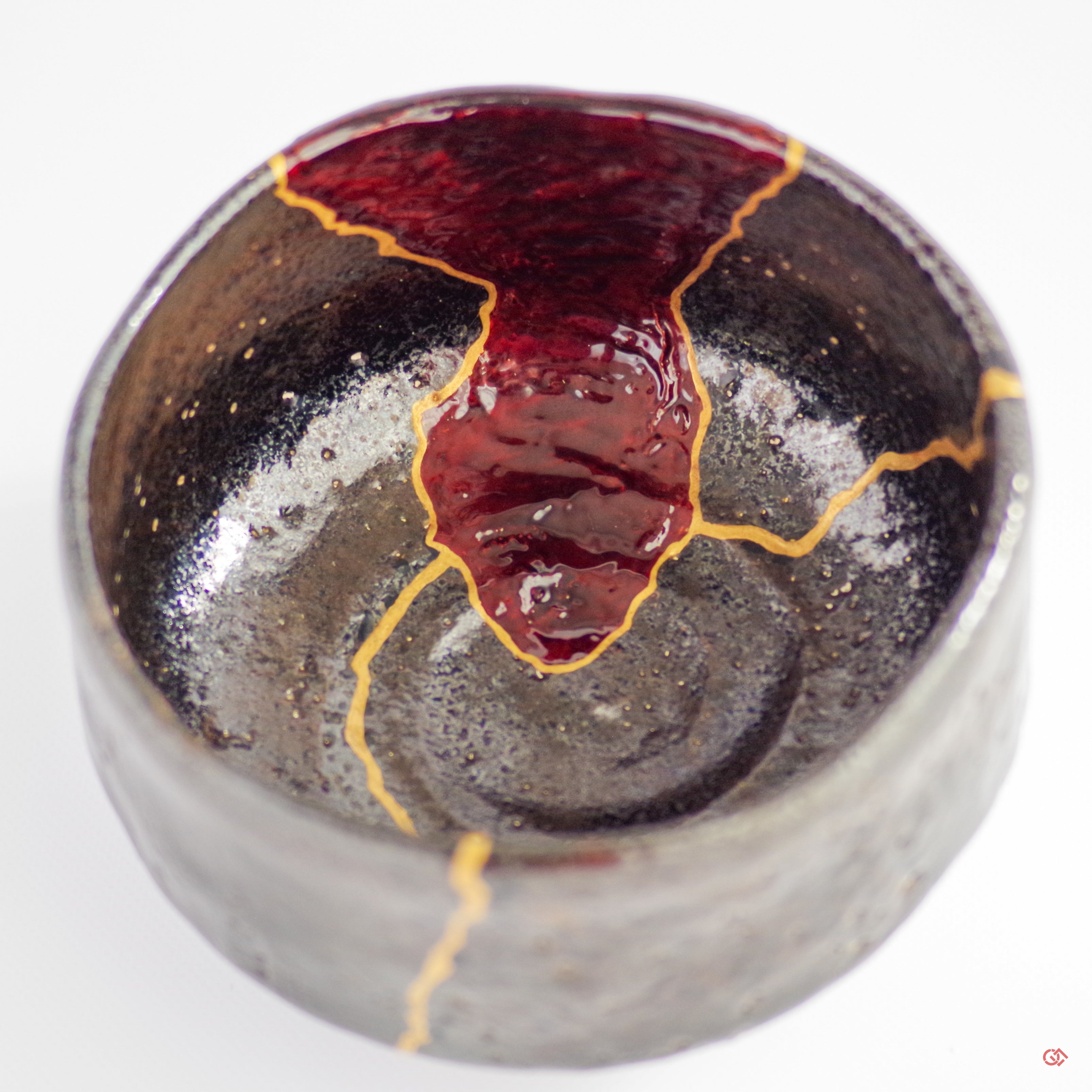 Unique Kintsugi Matcha bowl, Raku Black, w/Red Decoration