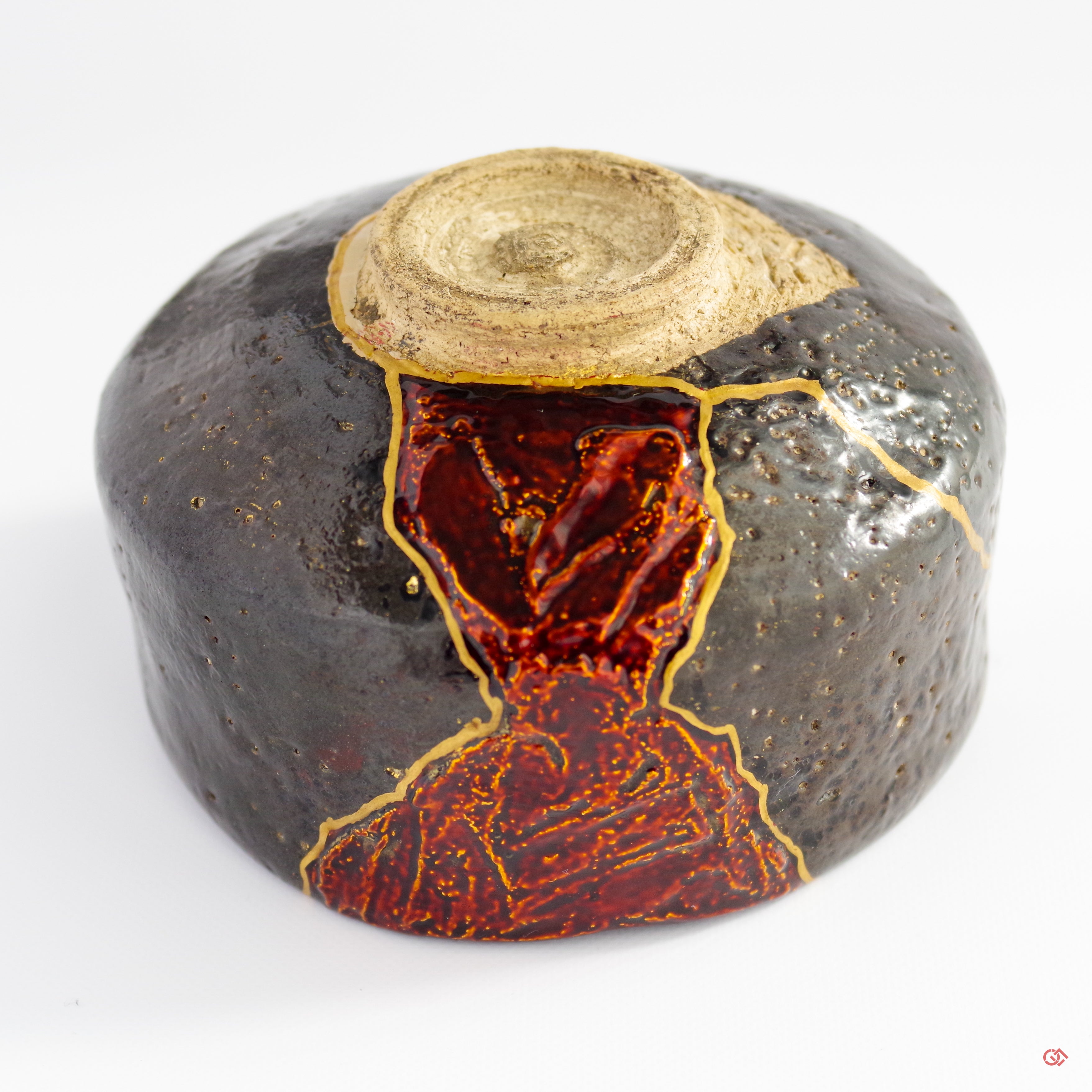 Unique Kintsugi Matcha bowl, Raku Black, w/Red Decoration