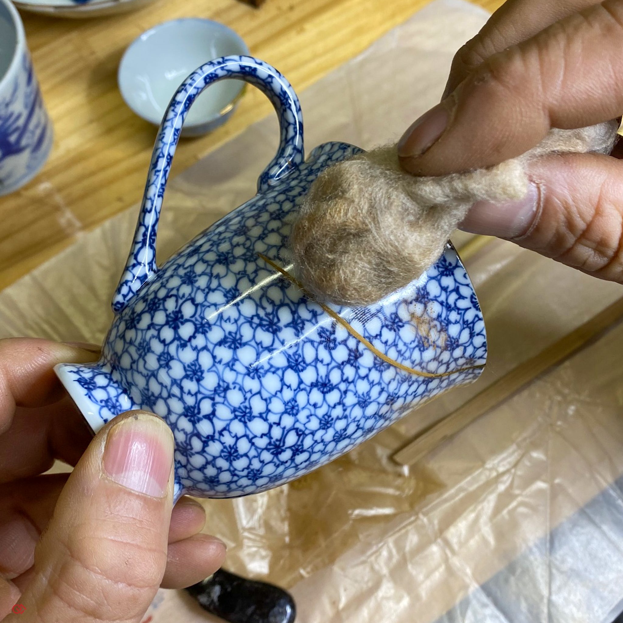 Authentic Kintsugi Coffee Cup, Sometsuke Cherry Flower Gold