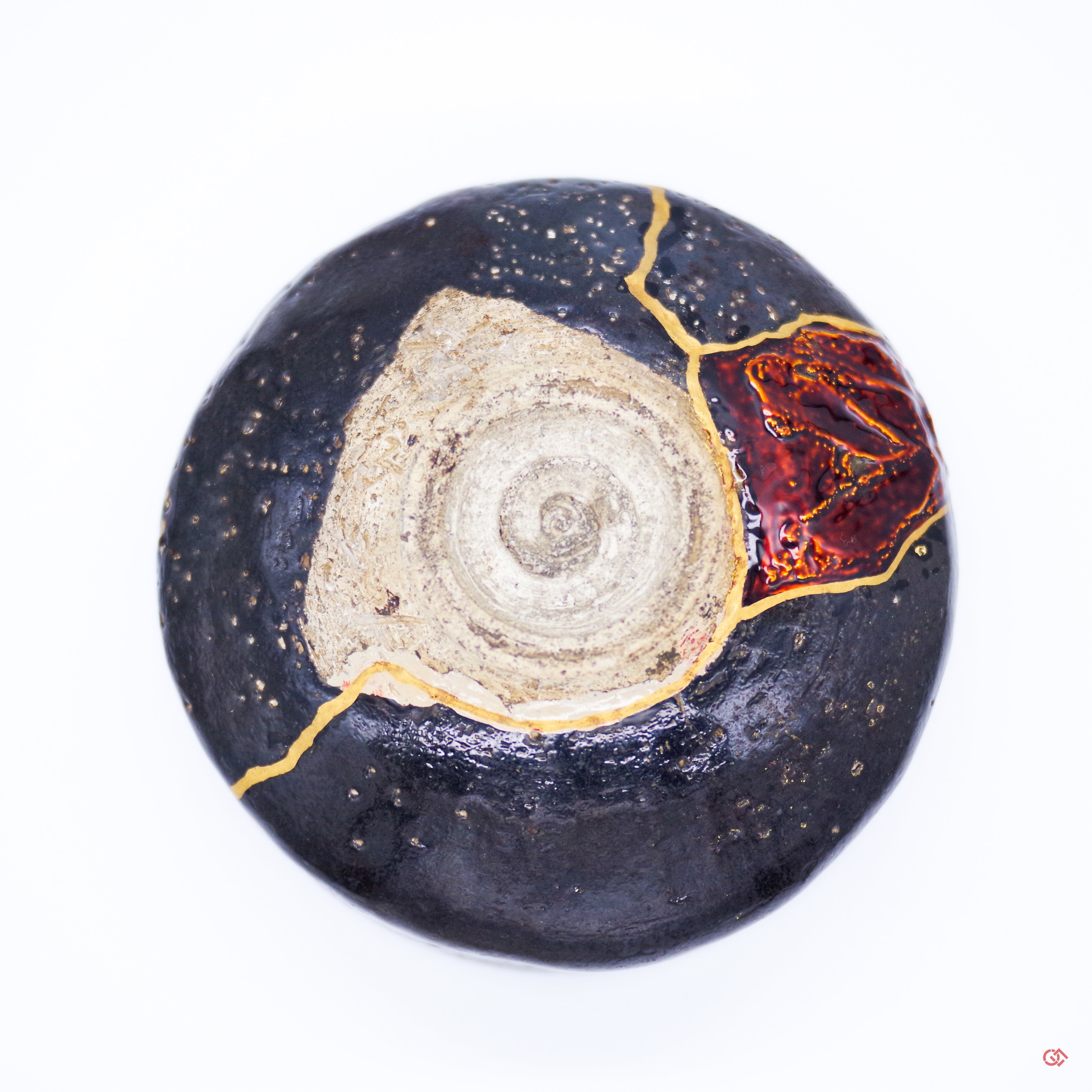 Unique Kintsugi Matcha bowl, Raku Black, w/Red Decoration