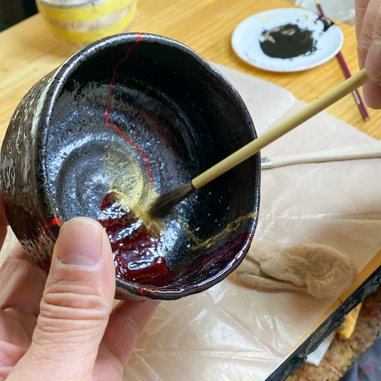 Unique Kintsugi Matcha bowl, Raku Black, w/Red Decoration
