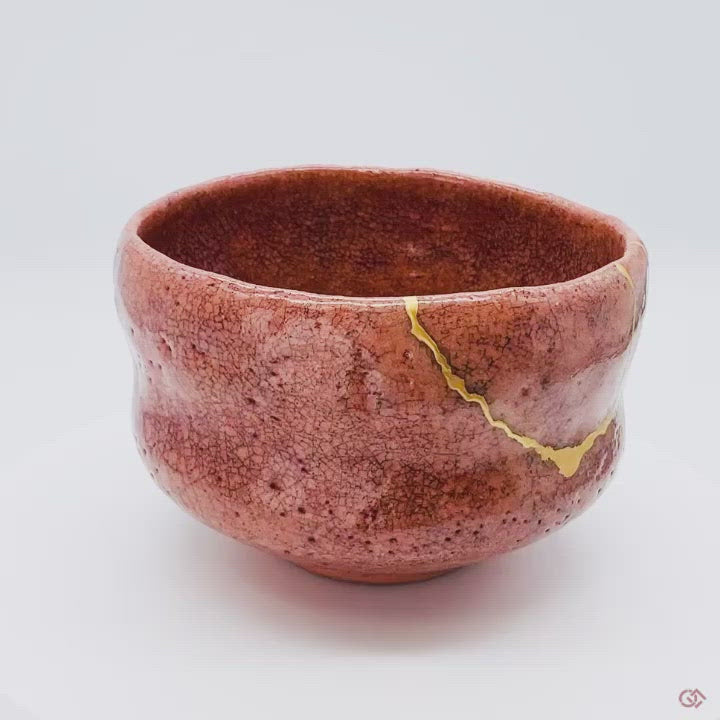 Authentic Kintsugi Matcha bowl, Red Raku type, Maya