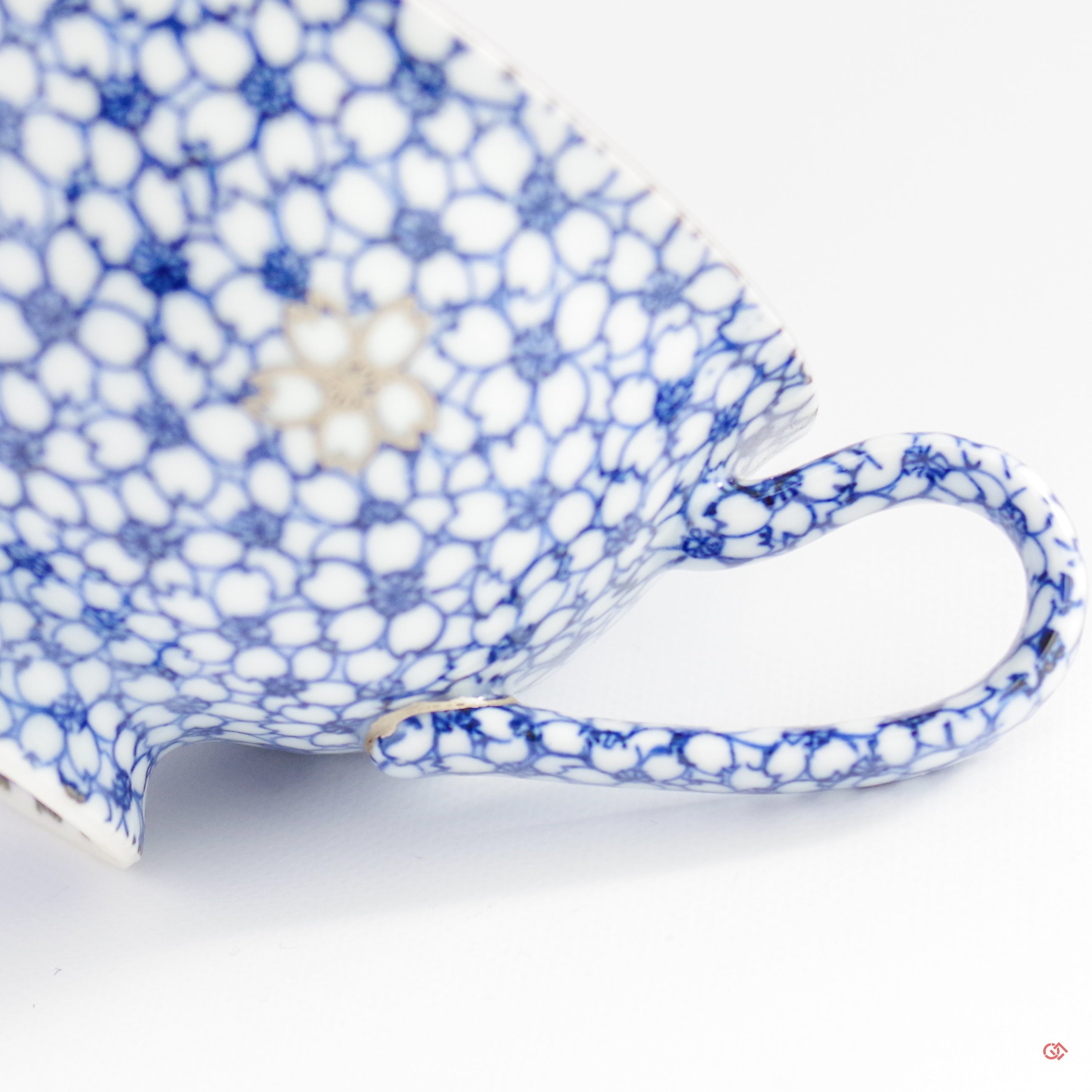Unique Kintsugi Coffee Cup & Saucer, Sometsuke Cherry Flower w/Maki-e Platinum