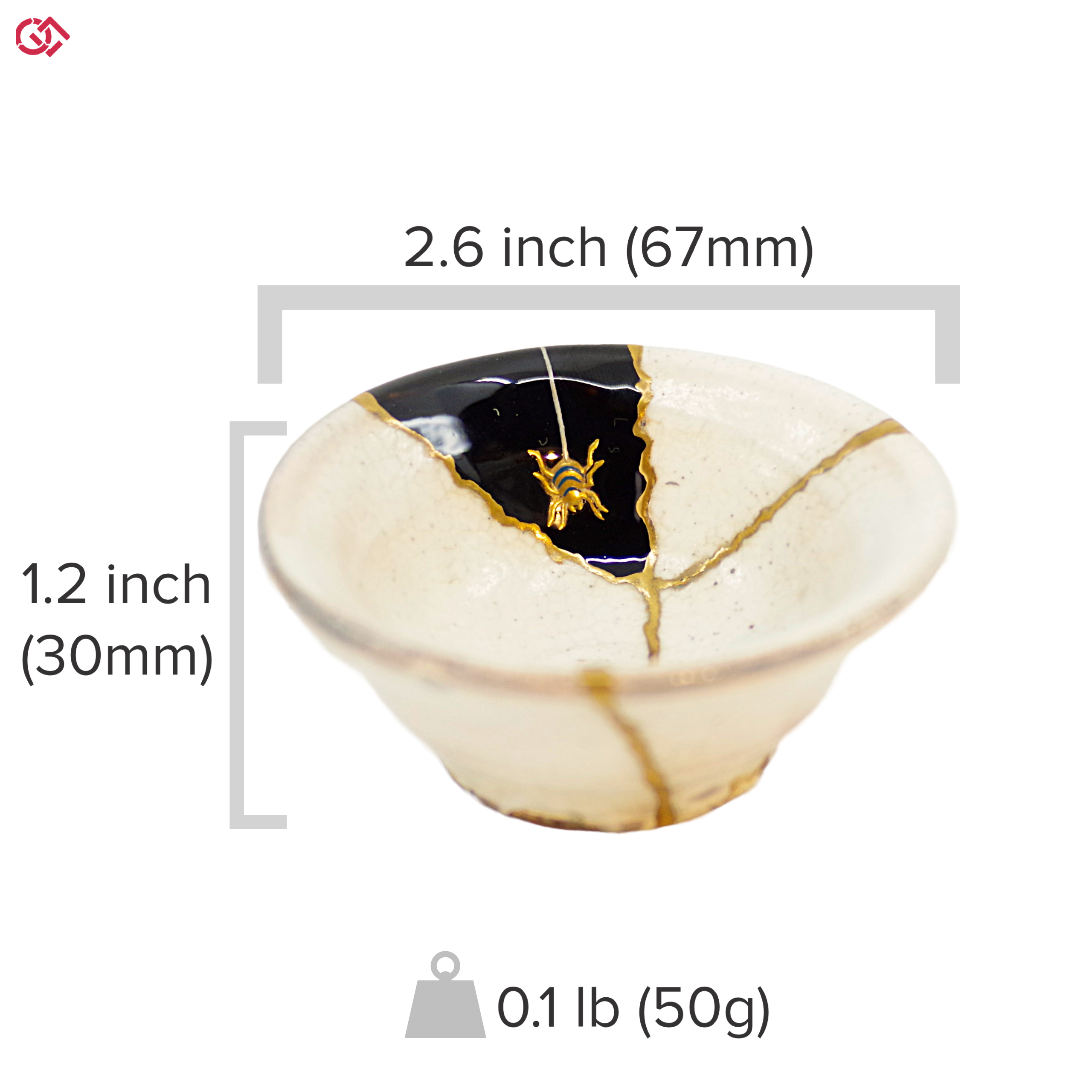 Authentic Kintsugi pottery with diameter and height description