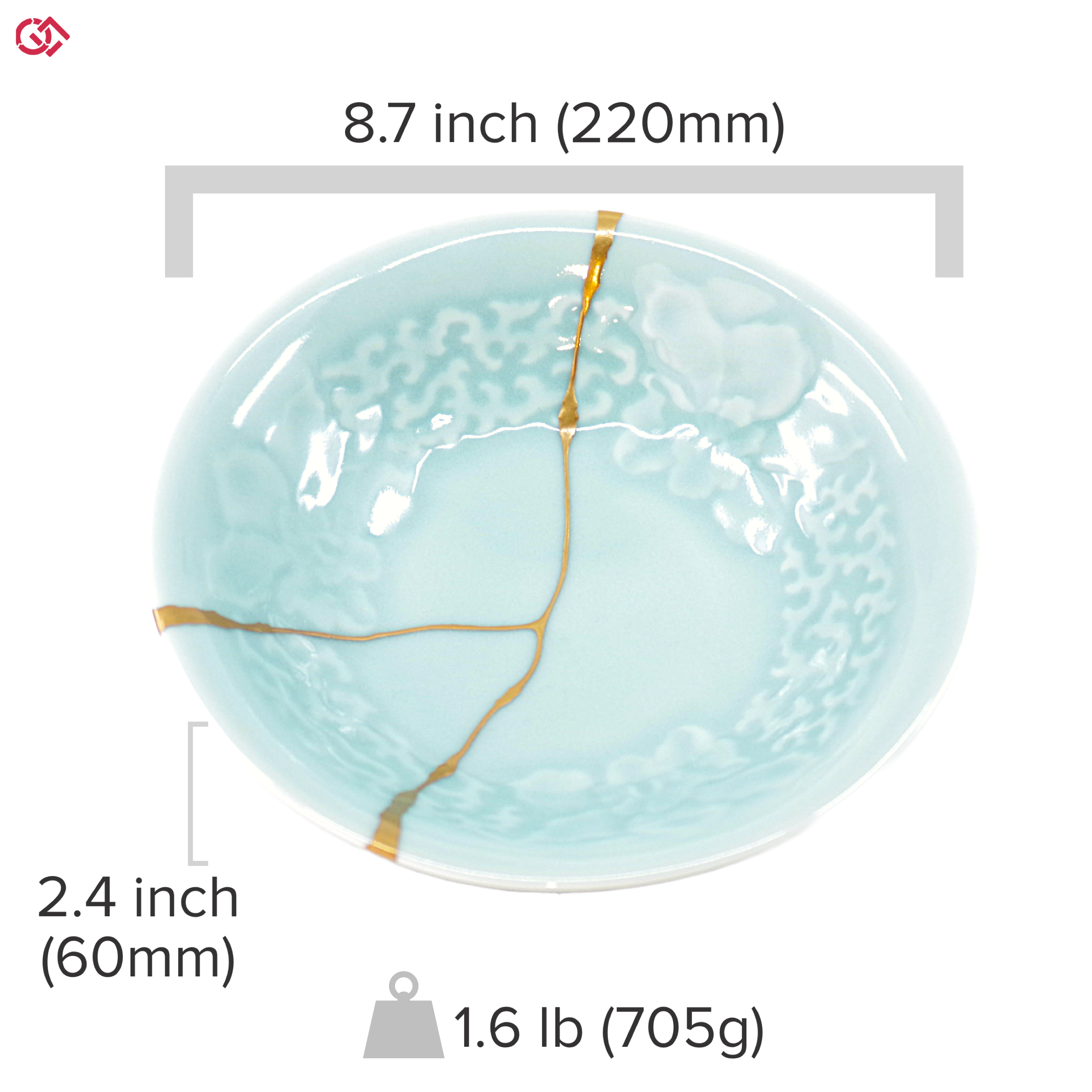 Authentic Kintsugi pottery with diameter and height description