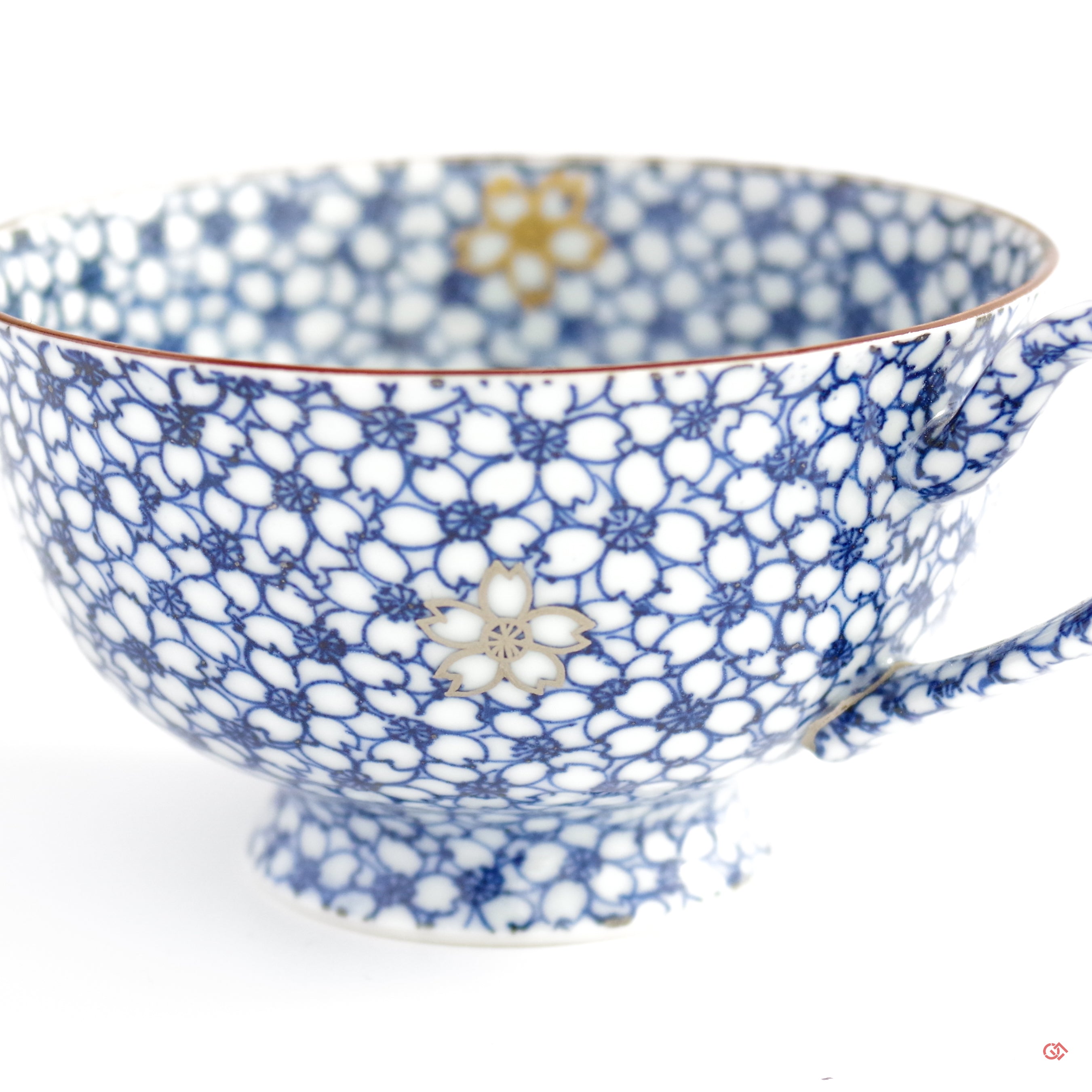 Unique Kintsugi Coffee Cup & Saucer, Sometsuke Cherry Flower w/Maki-e Platinum