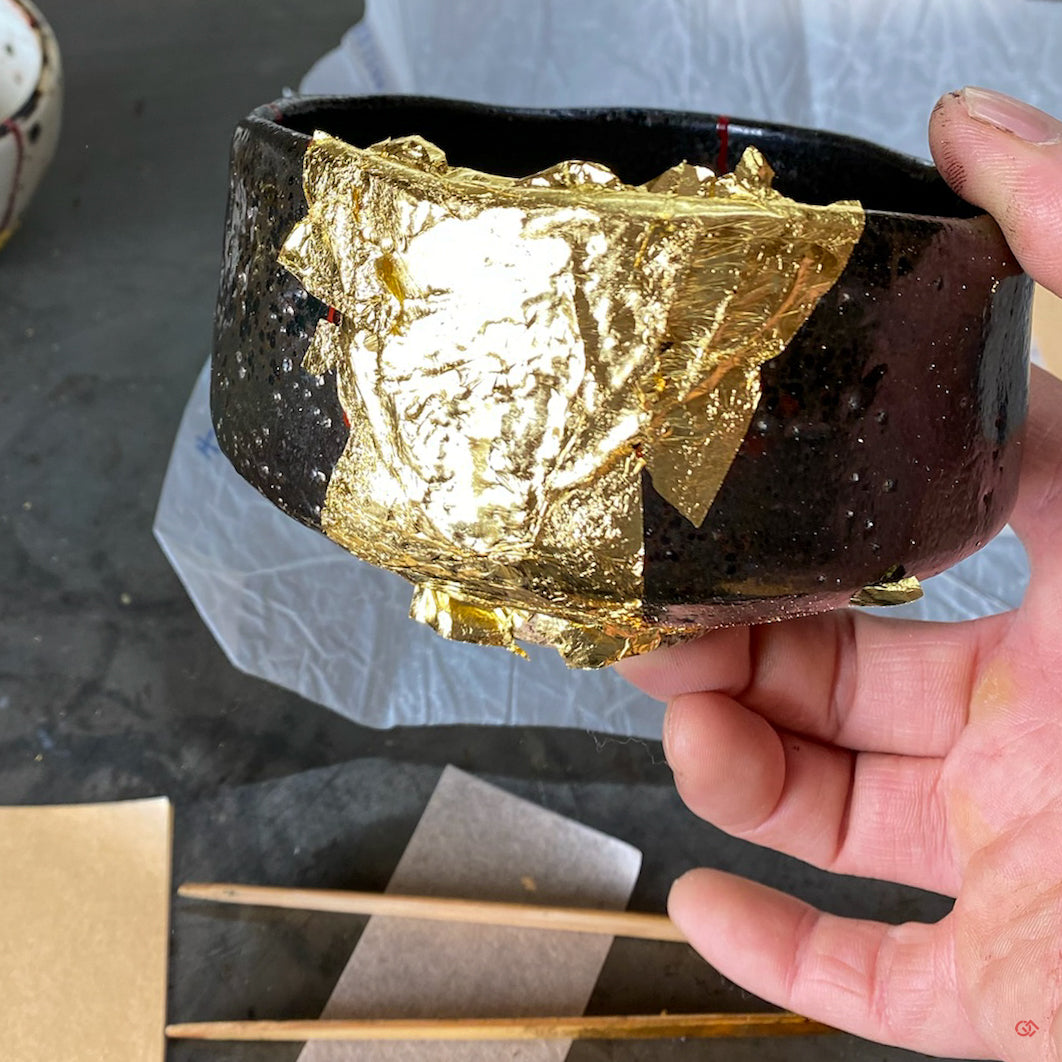 Unique Kintsugi Matcha bowl, Raku Black, w/Red Decoration