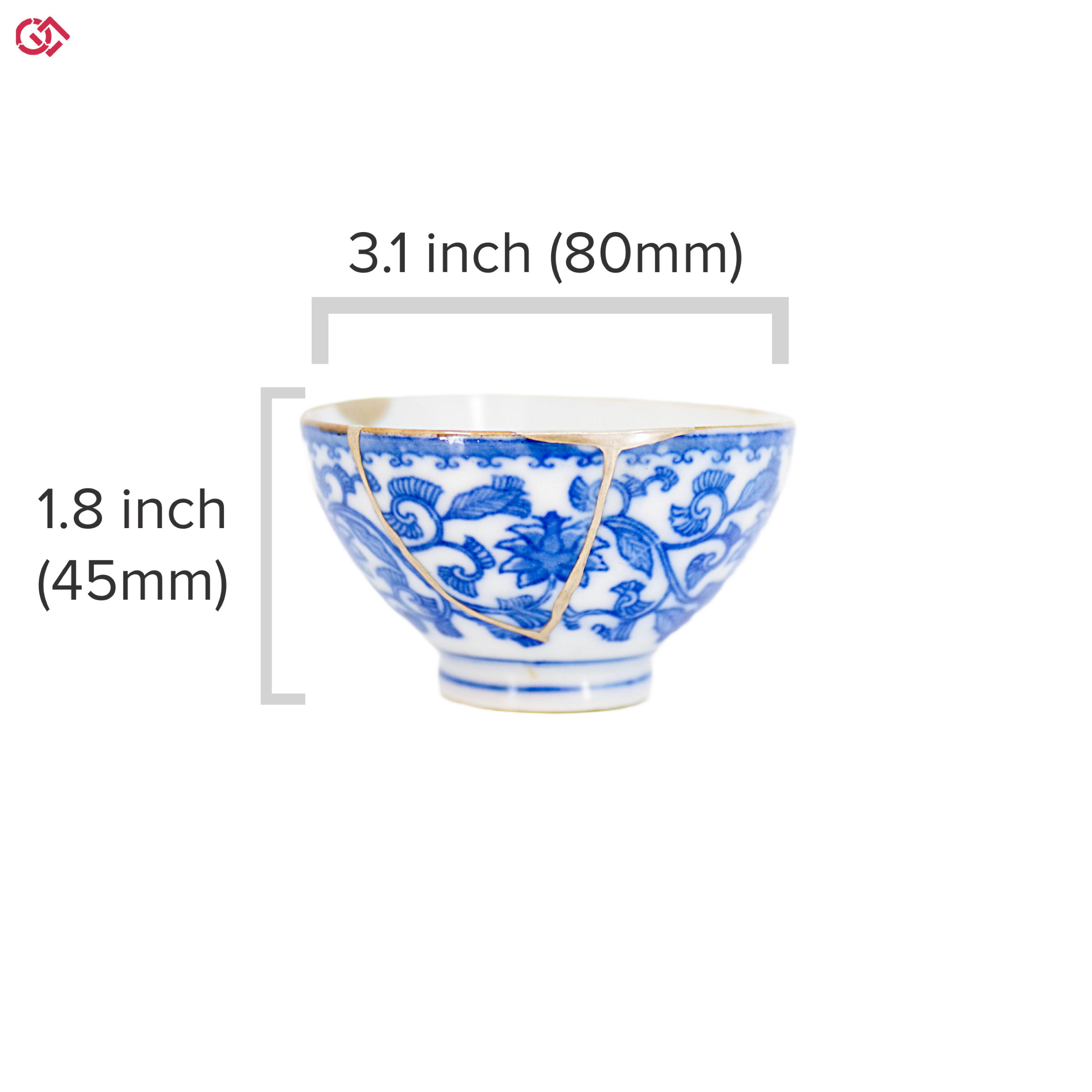 Authentic Kintsugi pottery cup with diameter and height description