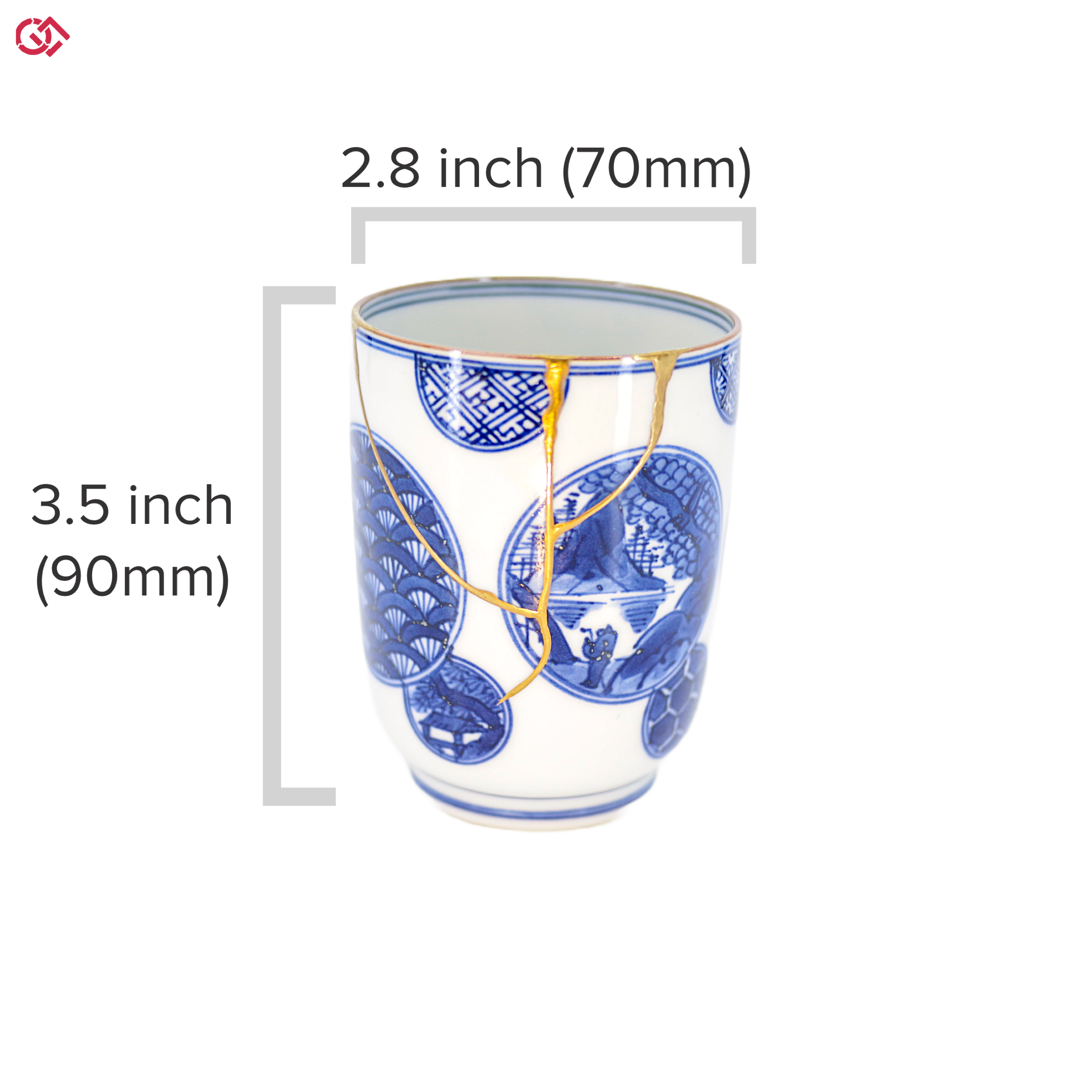 Authentic Kintsugi pottery cup with diameter and height description