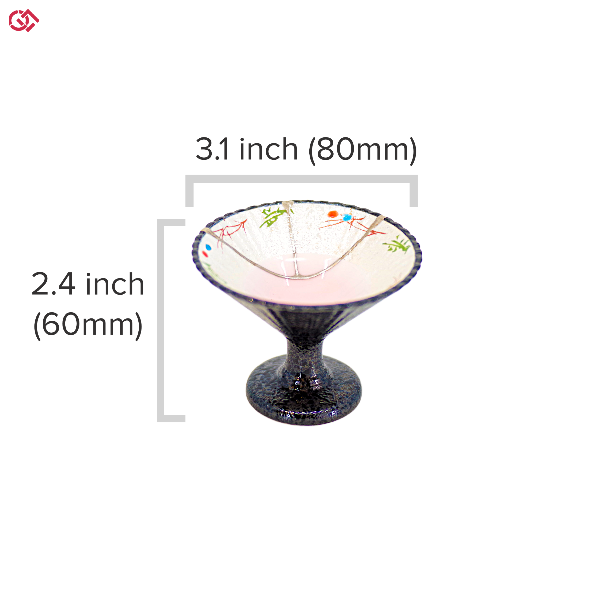 Authentic Kintsugi pottery cup with diameter and height description