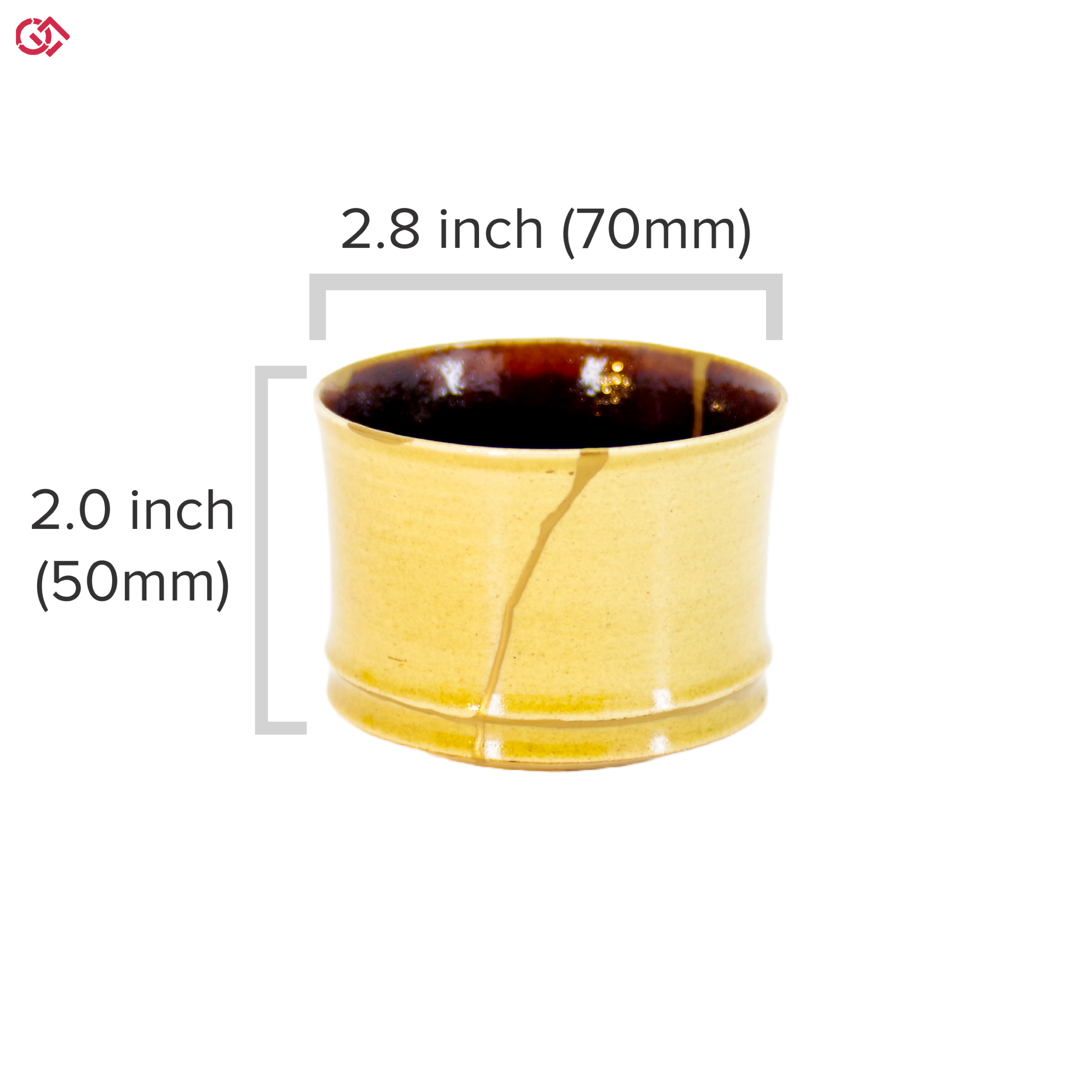 Authentic Kintsugi pottery cup with diameter and height description