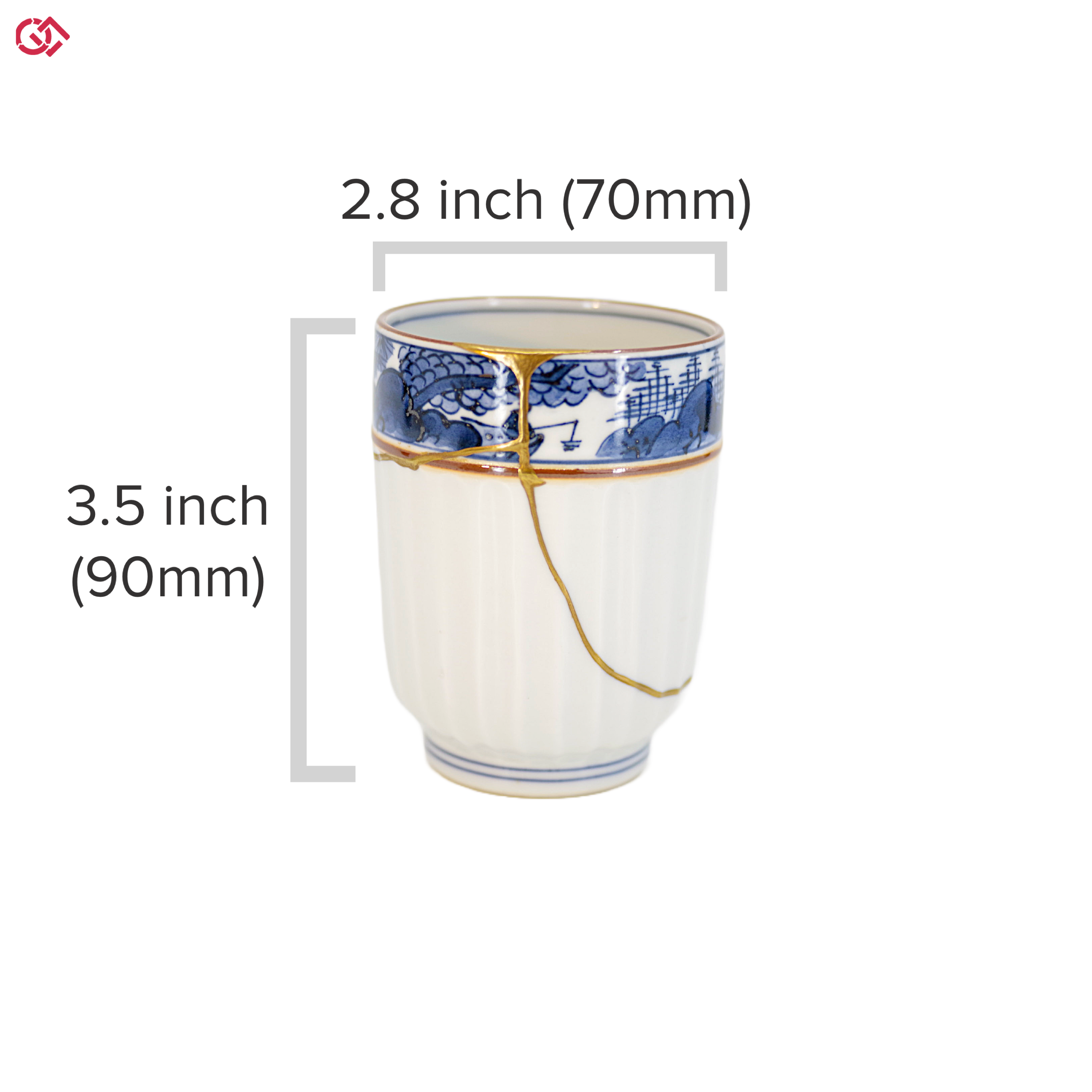 Authentic Kintsugi pottery cup with diameter and height description