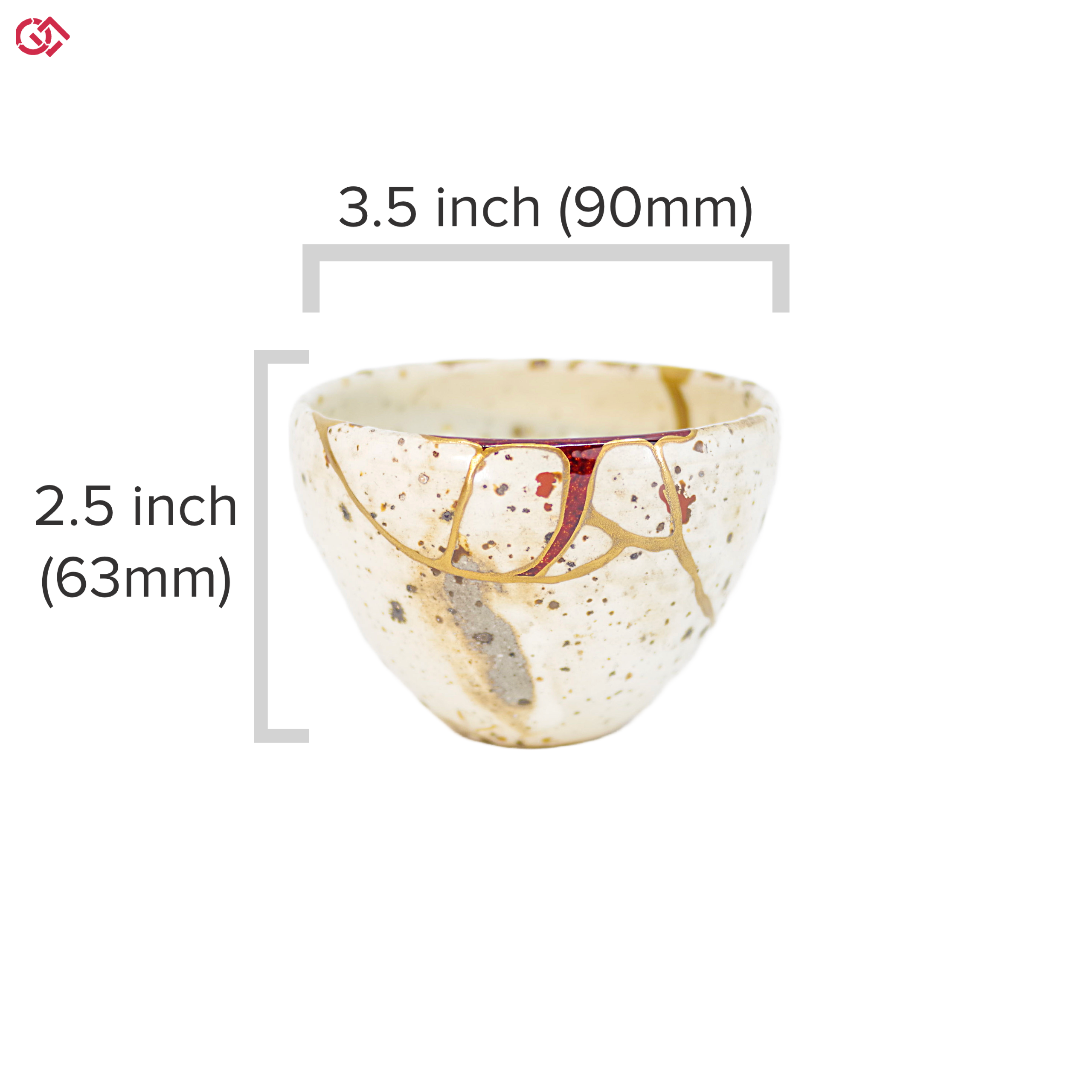 Authentic Kintsugi pottery cup with diameter and height description