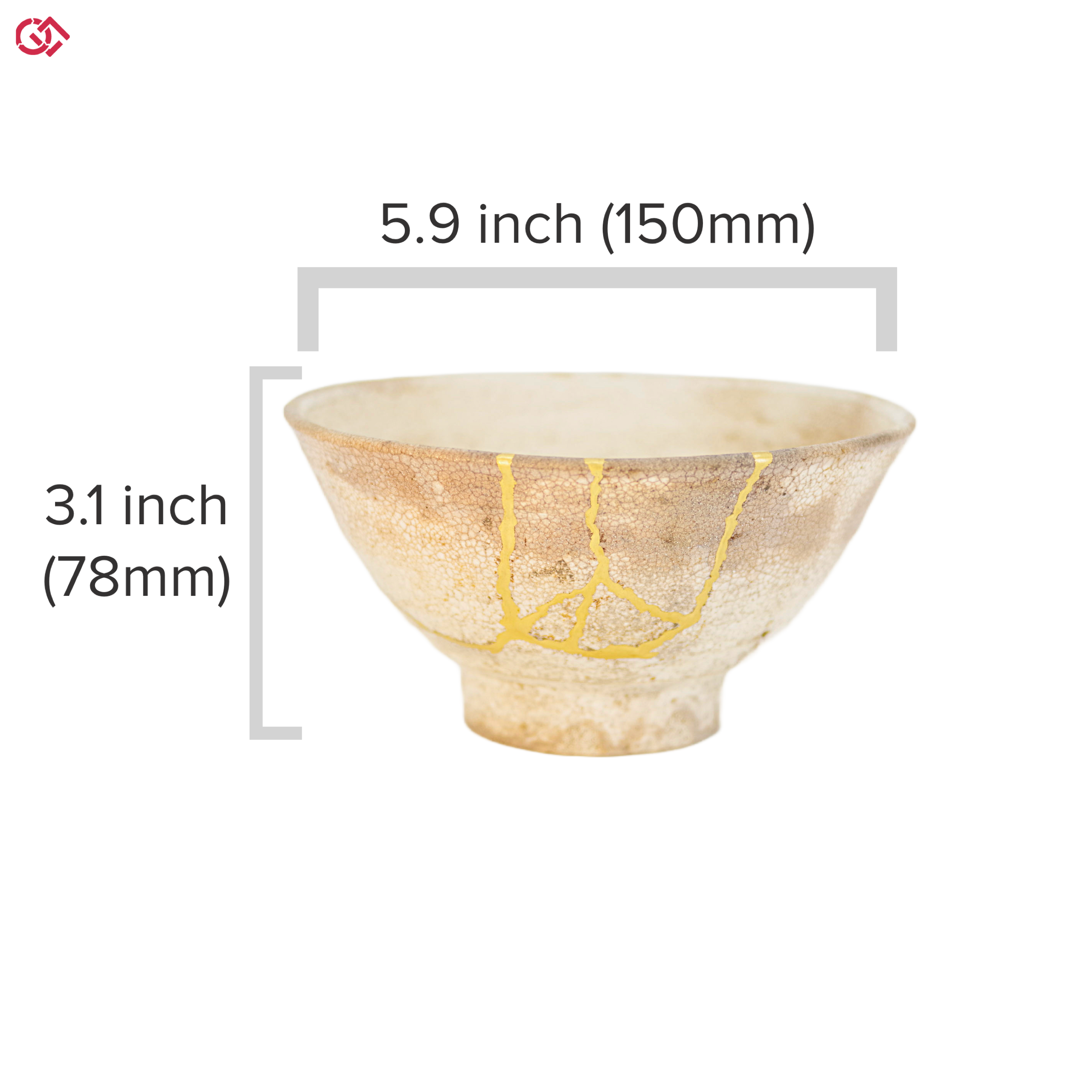 Authentic Kintsugi pottery cup with diameter and height description