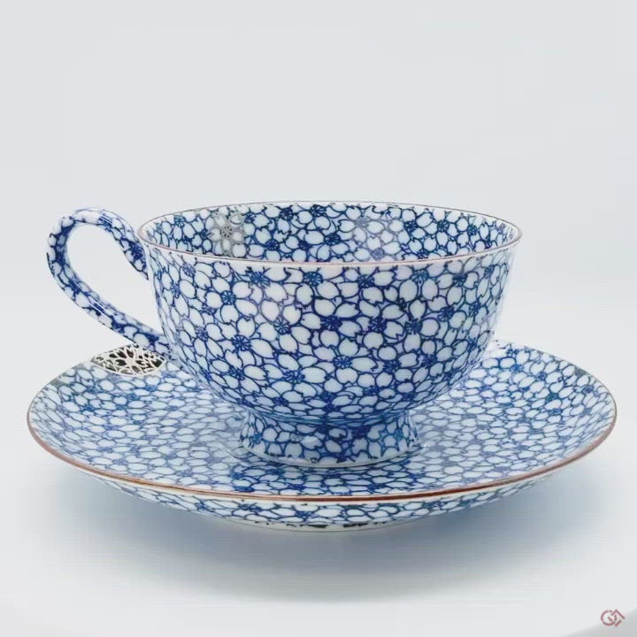 Unique Kintsugi Kyoto ware Cup & Saucer, Sometsuke Cherry Flower w/Maki-e Platinum
