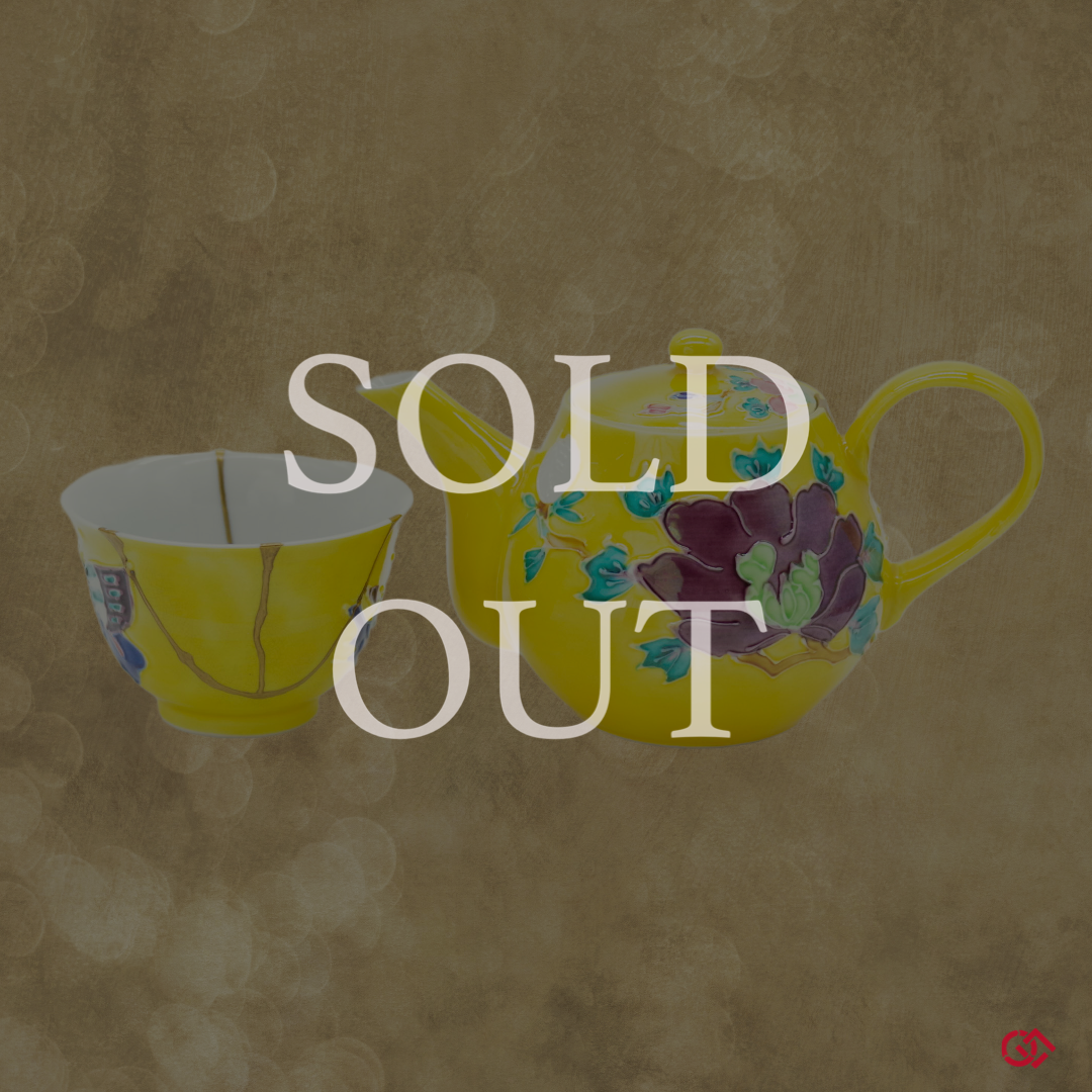 Authentic Kintsugi Teapot & cup set, Yellow Butterfly&Flower Kyoto ware