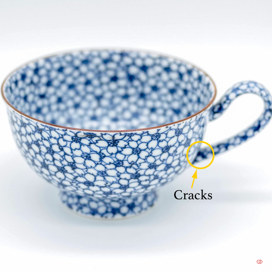 Unique Kintsugi Coffee Cup & Saucer, Sometsuke Cherry Flower w/Maki-e Platinum