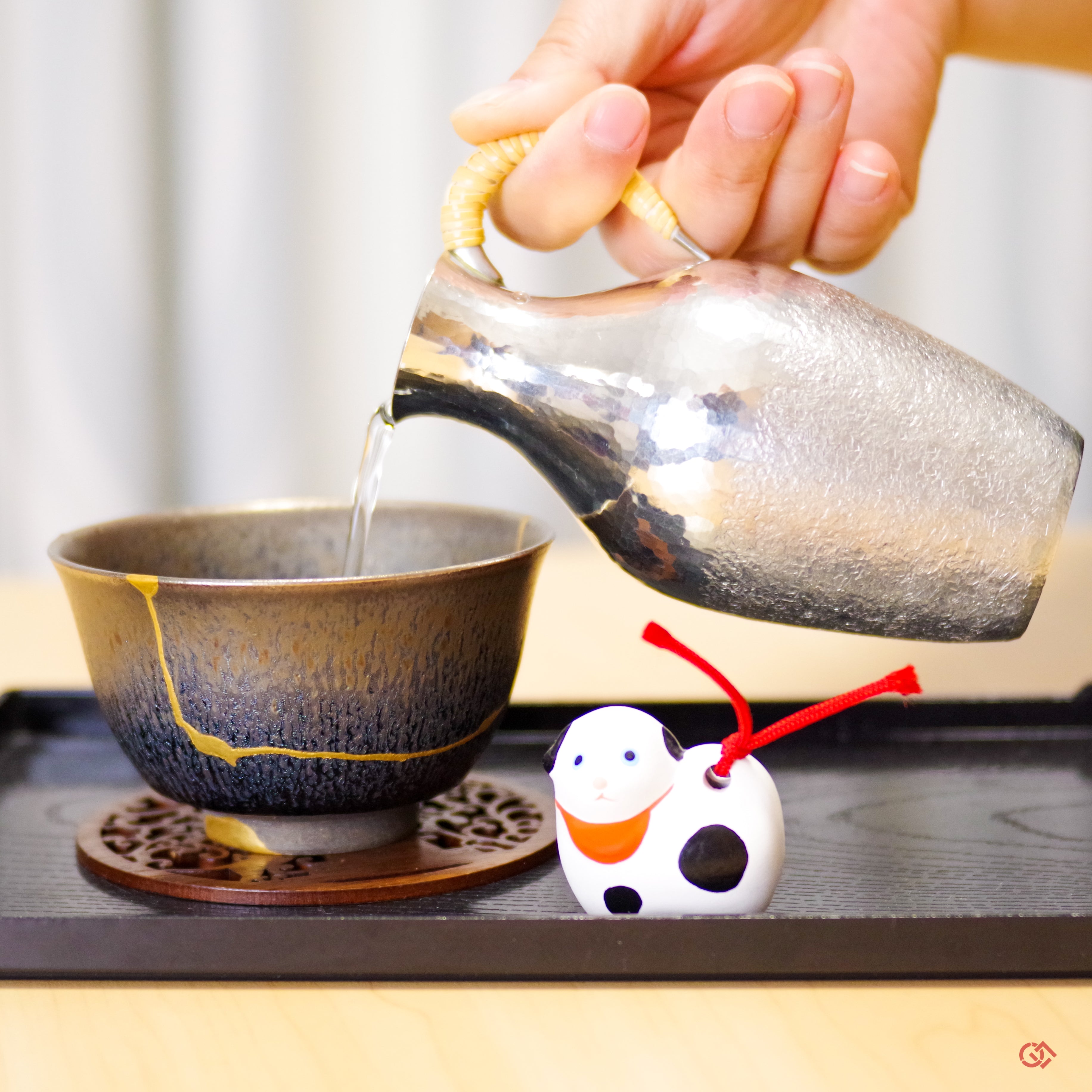 Authentic Kintsugi Sake cup, Tenmoku type, Cosmos Kyoto ware