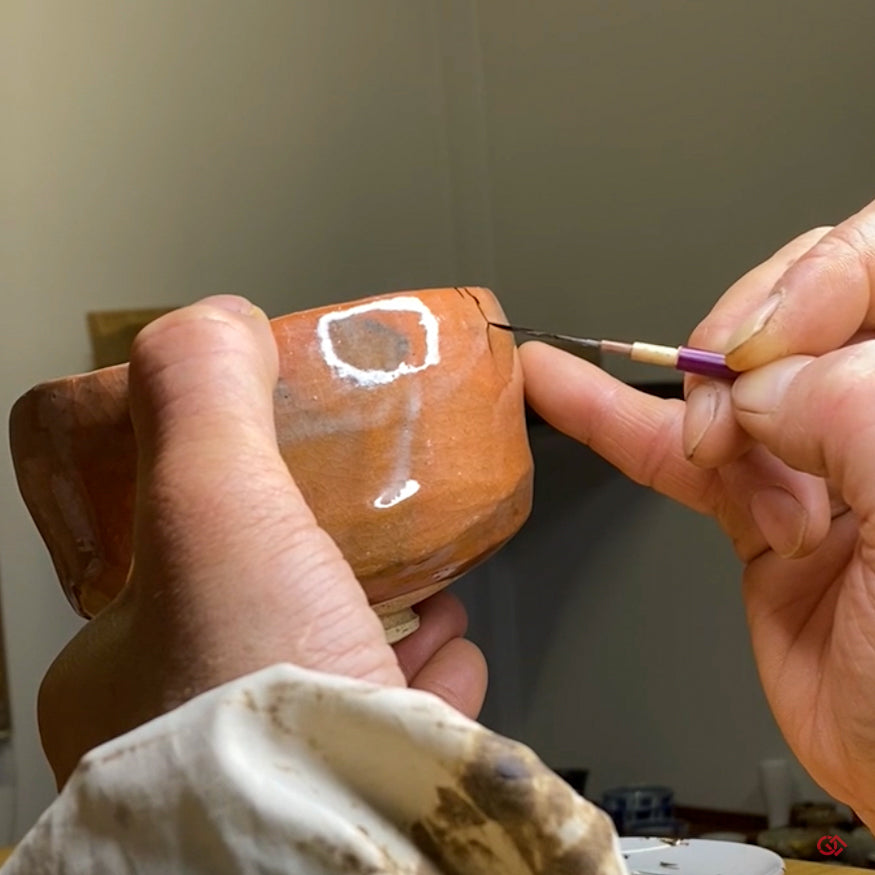 Authentic Kintsugi Matcha bowl, Red Raku type, Maya